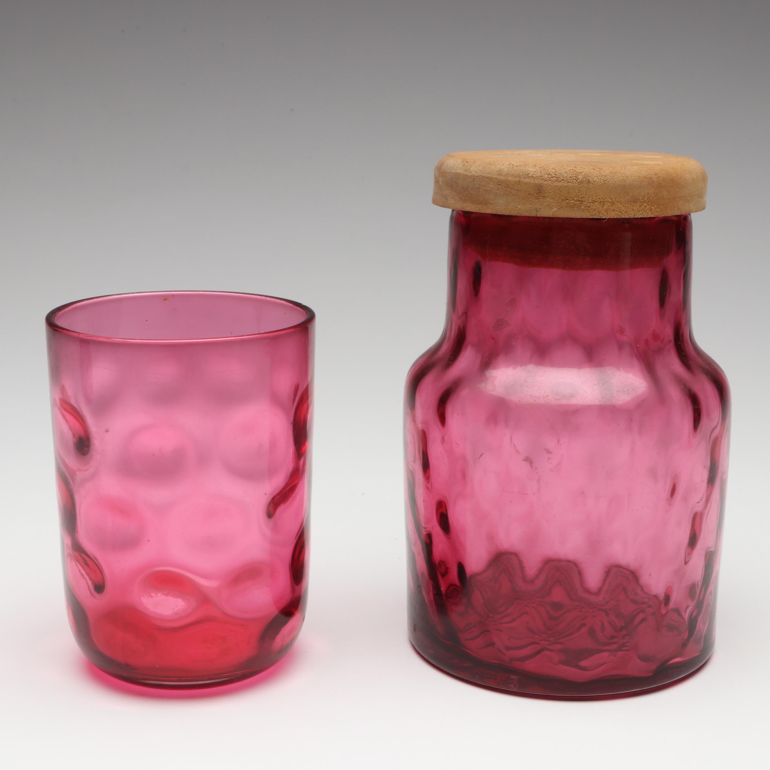 Pilgrim Cranberry Glass Pitcher with Bud Vase, Lidded Jar and Other Décor