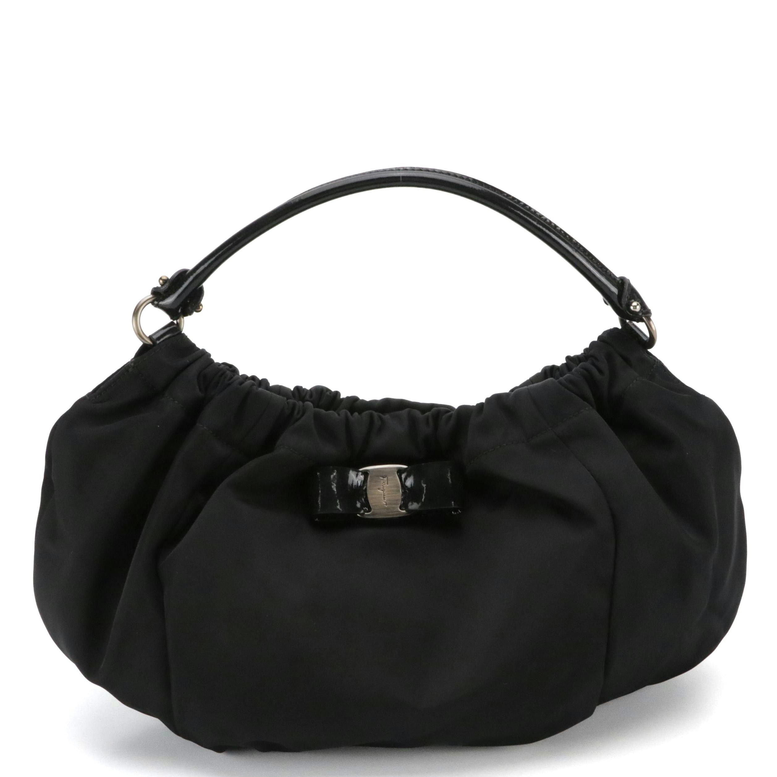Salvatore Ferragamo Vara Bow Shoulder Bag in Black Nylon and Patent Leather Trim