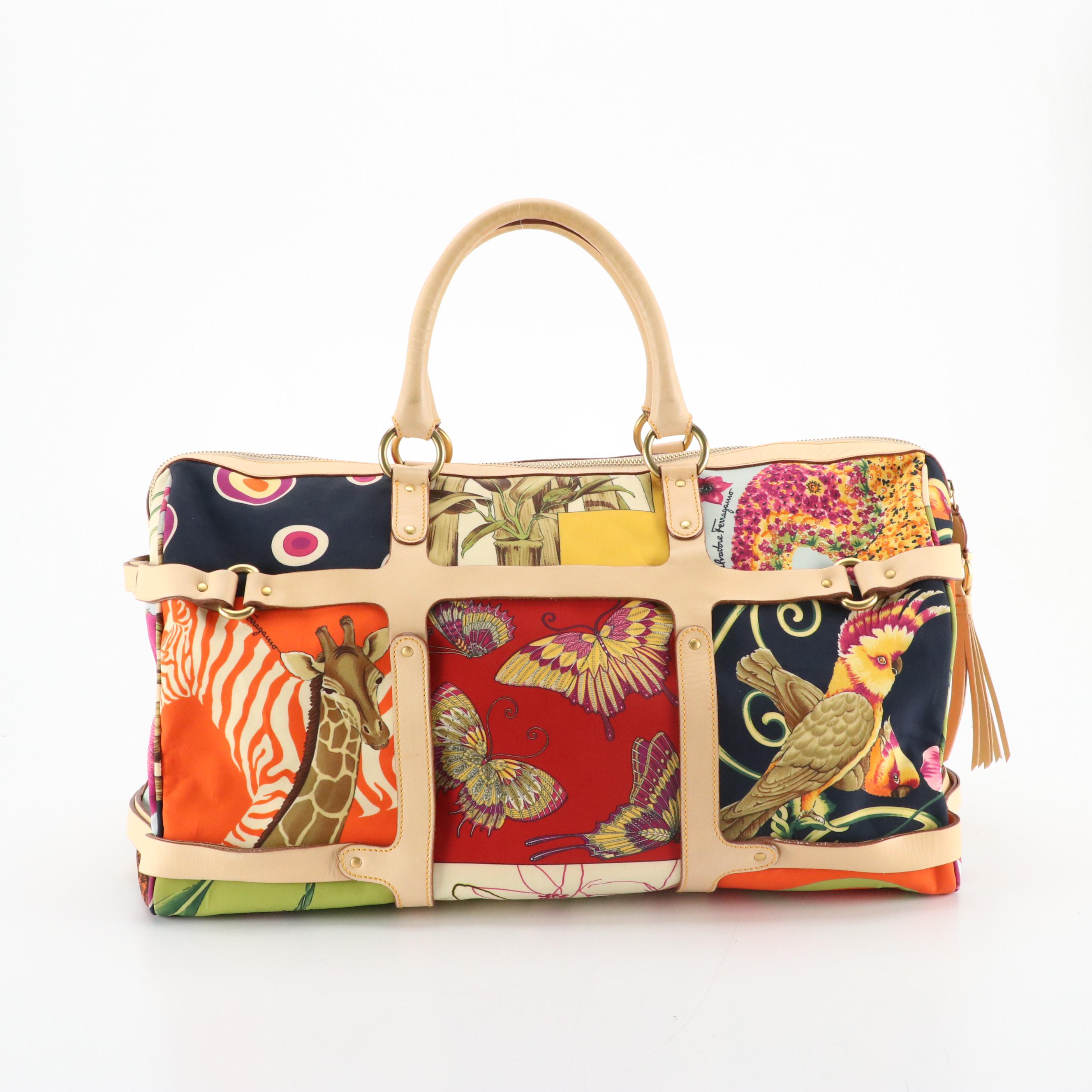 Salvatore Ferragamo Multicolor Mixed Print Nylon Weekender Bag with Leather Trim