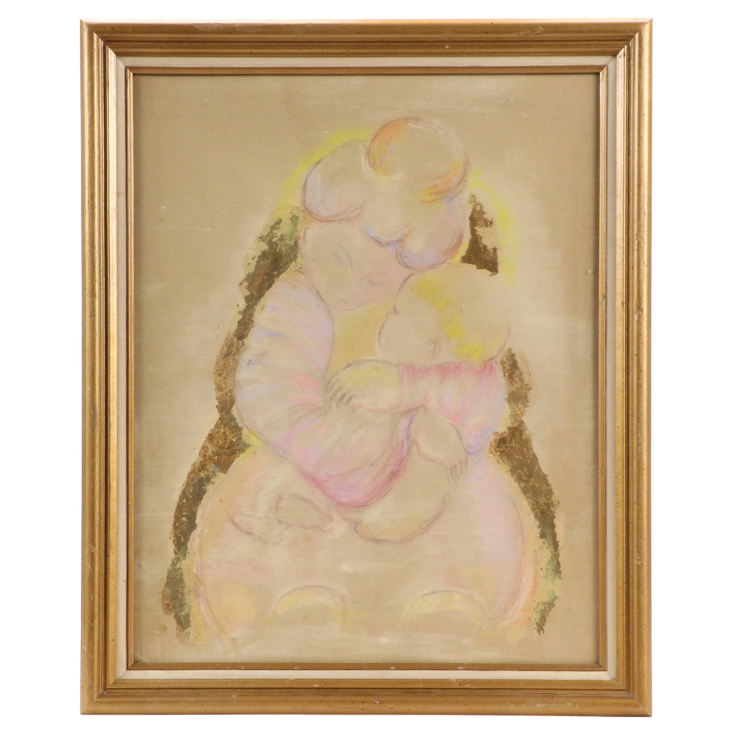Mother and Child Gouache and Gold Leaf Painting on Silk Panel