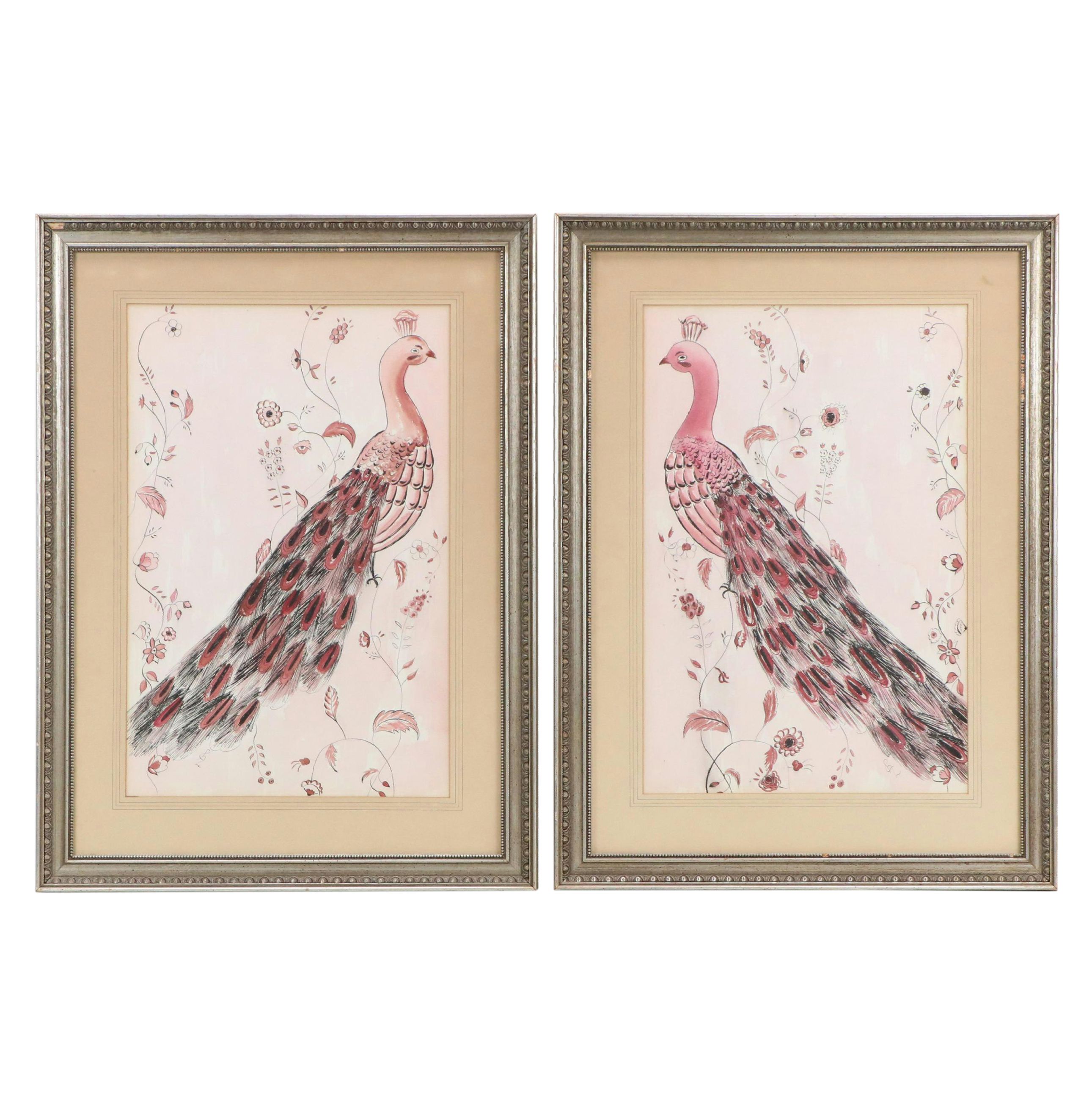 Ink and Watercolor Paintings of Opposing Peacocks