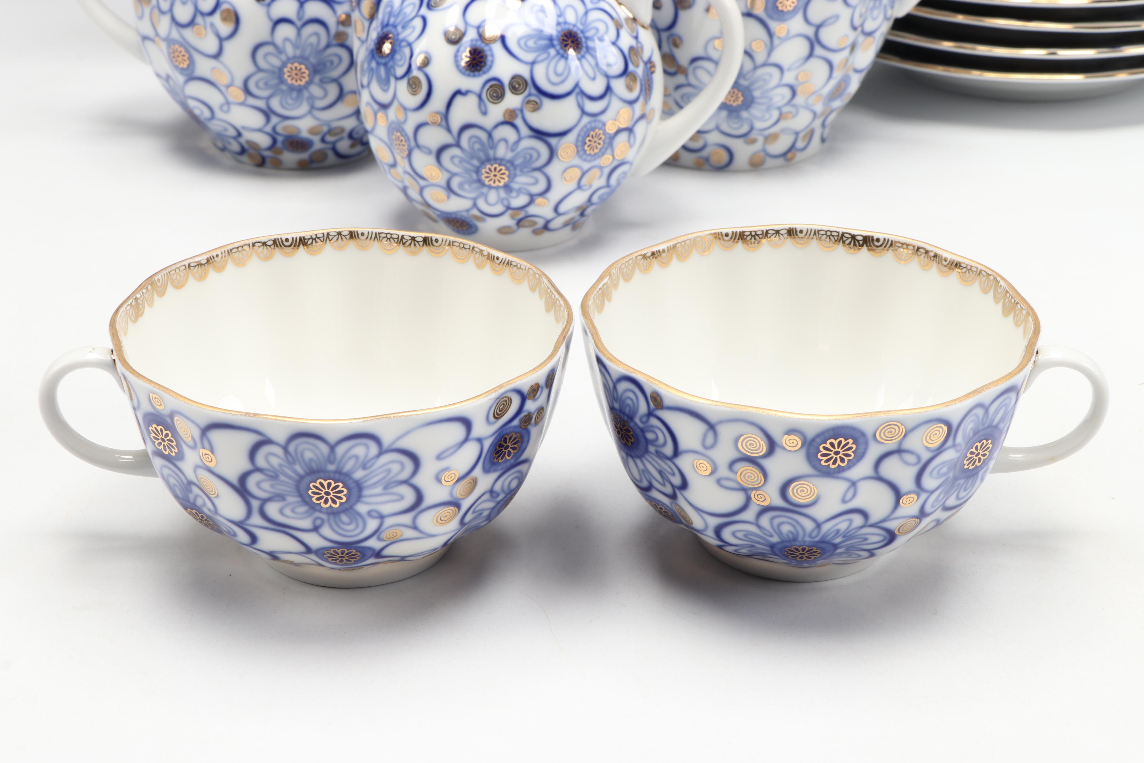 Lomonosov "Winding Twig" Cobalt Blue Porcelain Coffee Set and Dessert Plates