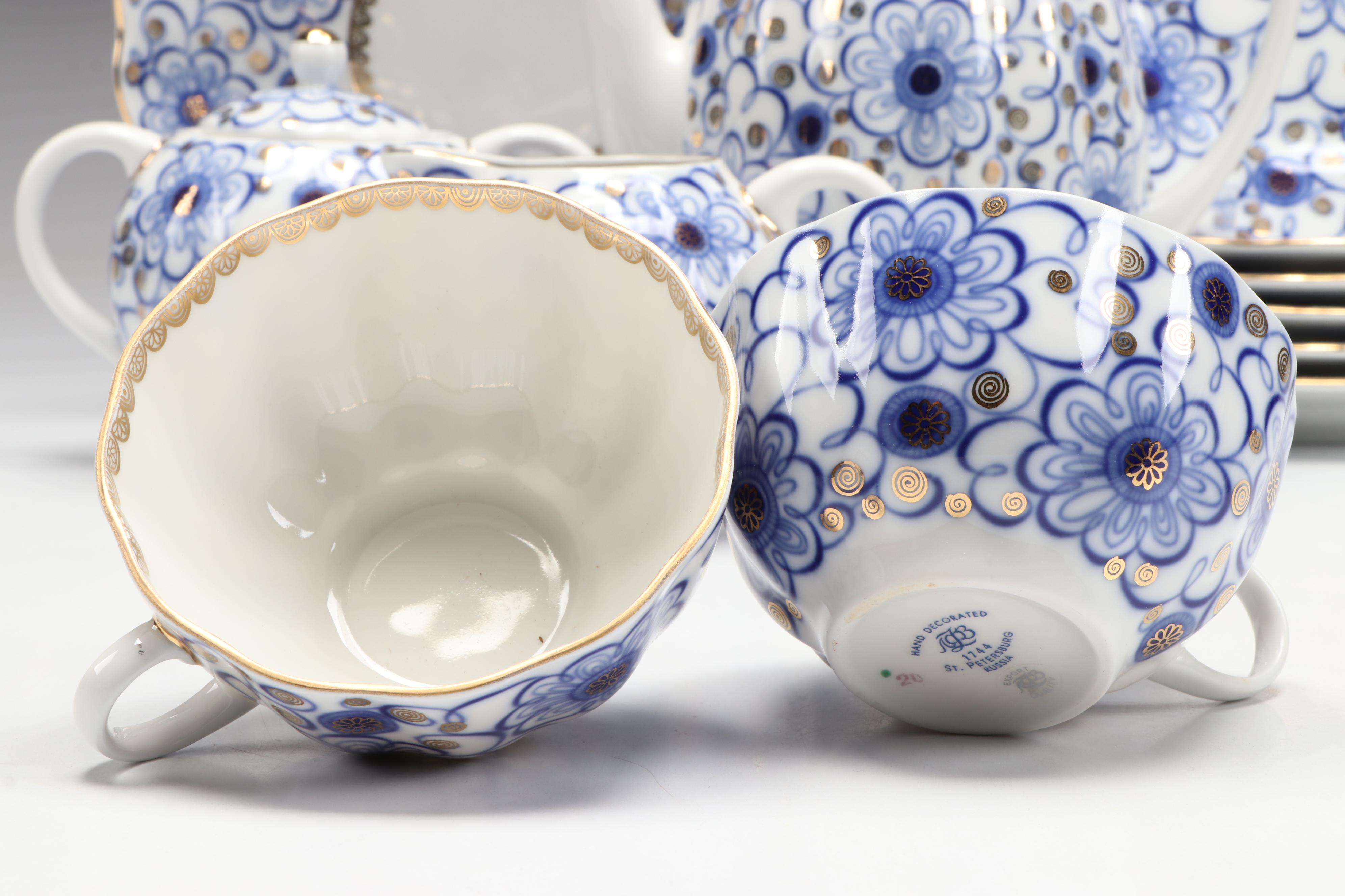 Lomonosov "Winding Twig" Cobalt Blue Porcelain Coffee Set and Dessert Plates