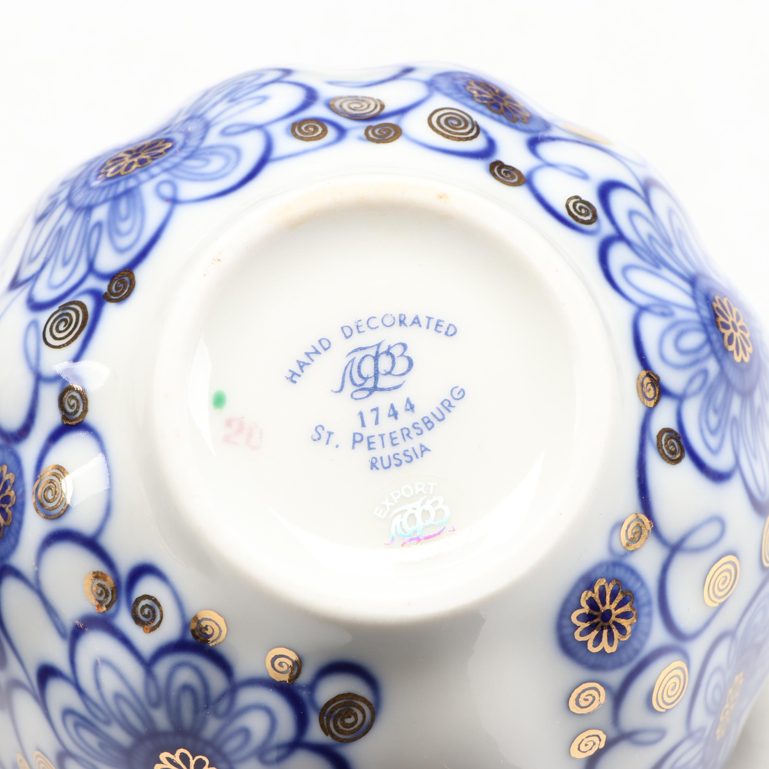 Lomonosov "Winding Twig" Cobalt Blue Porcelain Coffee Set and Dessert Plates