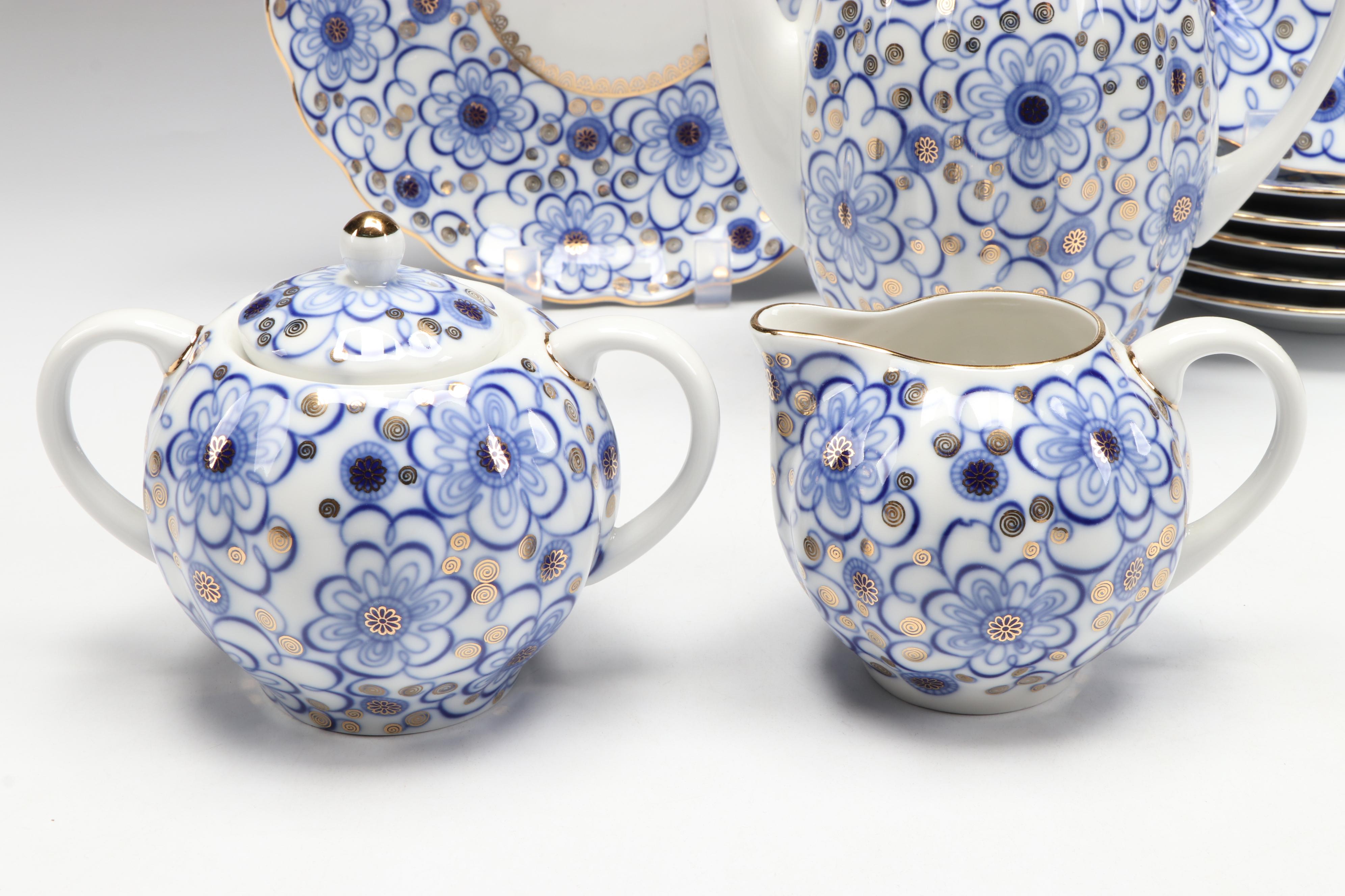 Lomonosov "Winding Twig" Cobalt Blue Porcelain Coffee Set and Dessert Plates