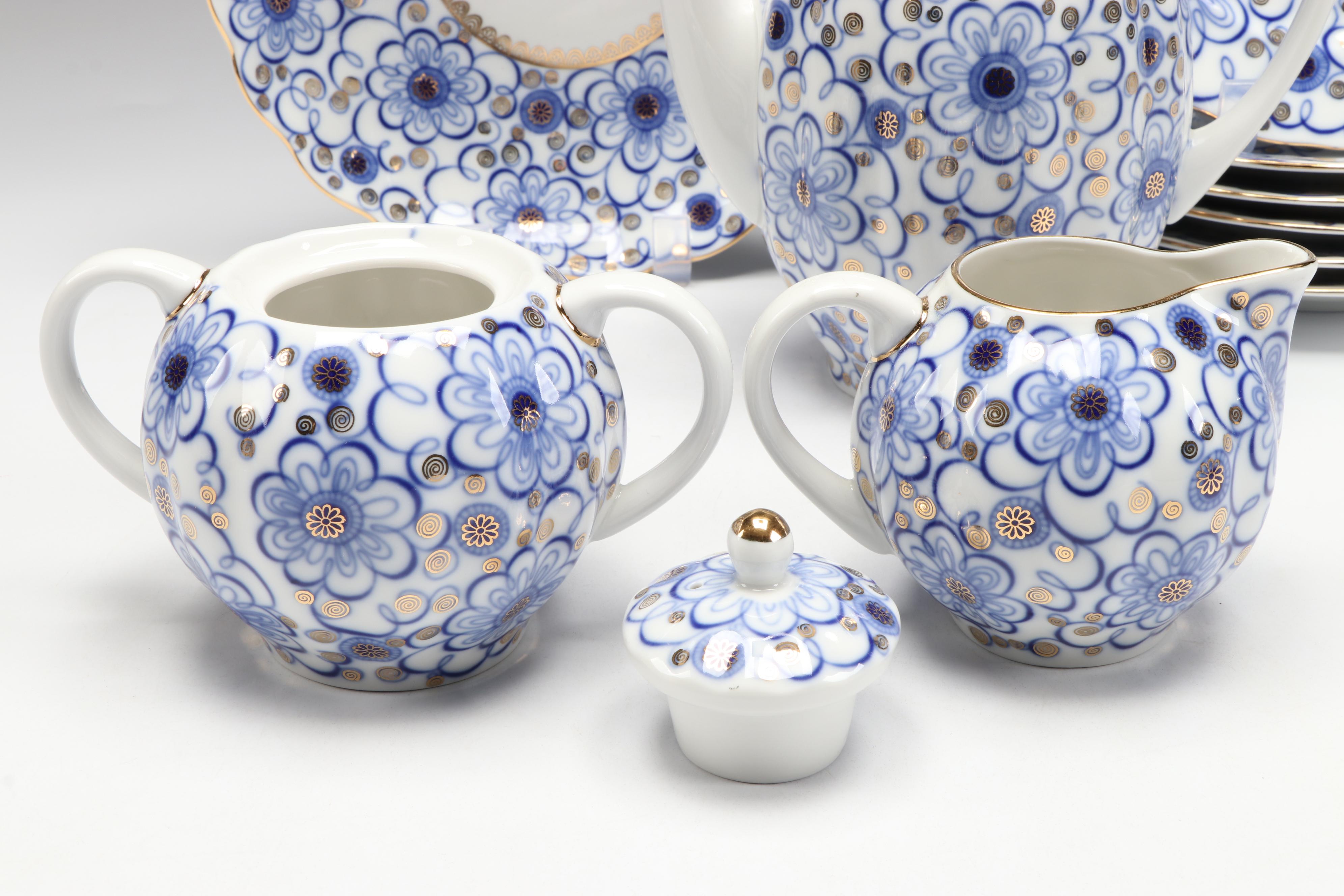 Lomonosov "Winding Twig" Cobalt Blue Porcelain Coffee Set and Dessert Plates