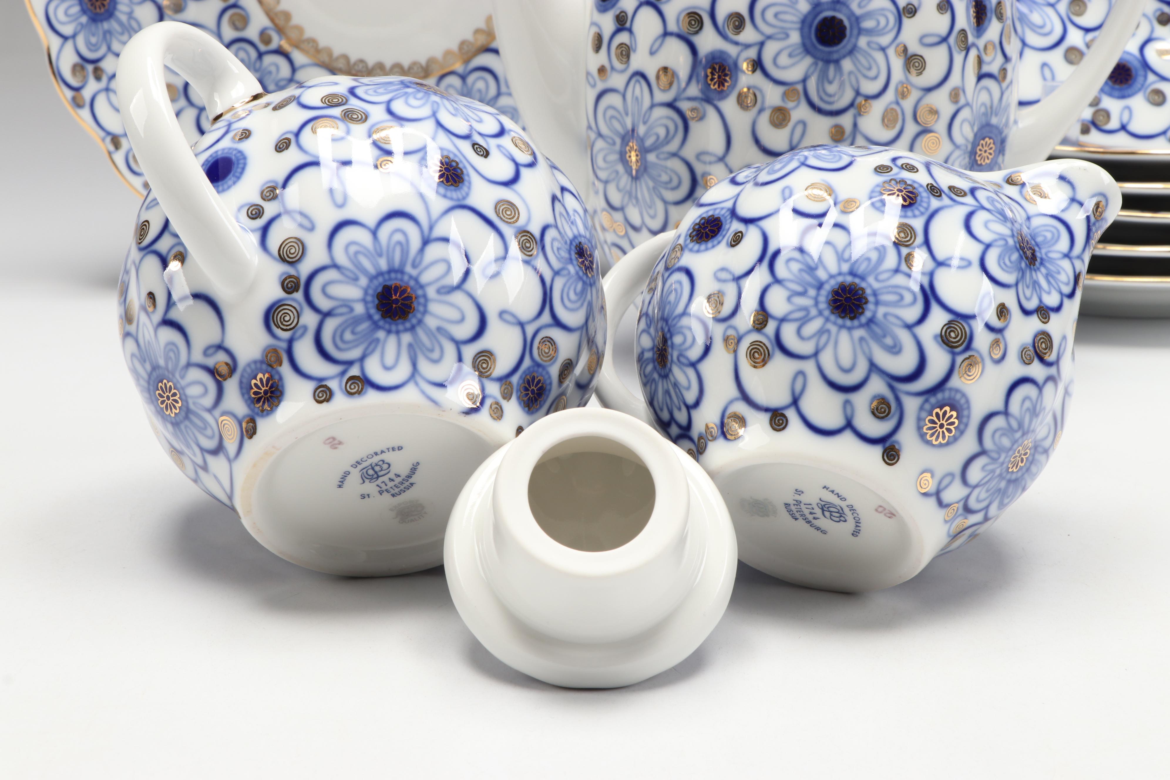 Lomonosov "Winding Twig" Cobalt Blue Porcelain Coffee Set and Dessert Plates