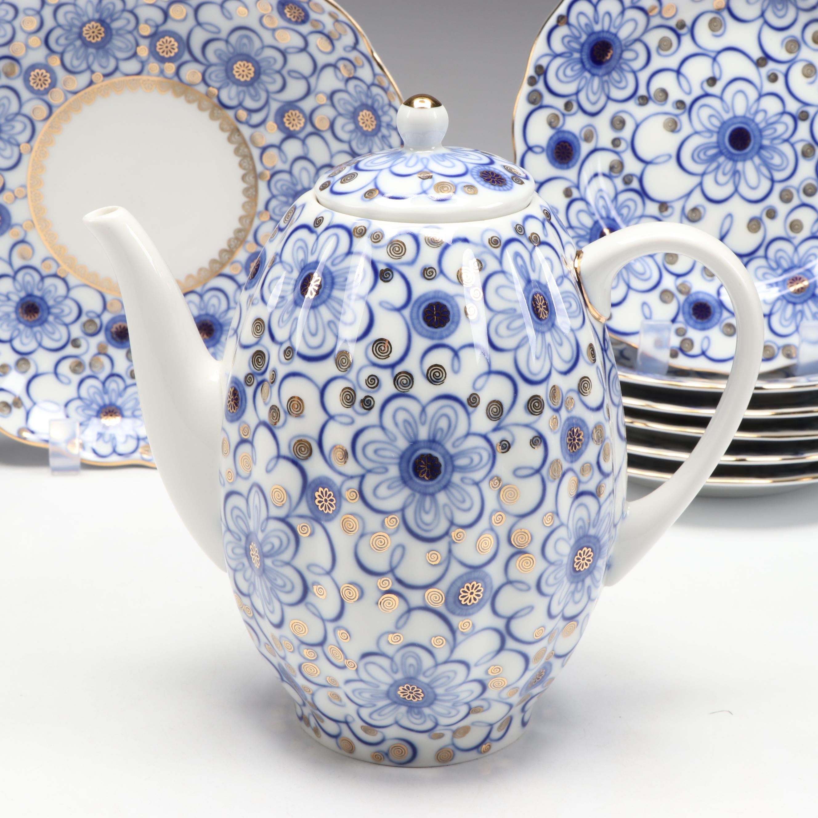 Lomonosov "Winding Twig" Cobalt Blue Porcelain Coffee Set and Dessert Plates