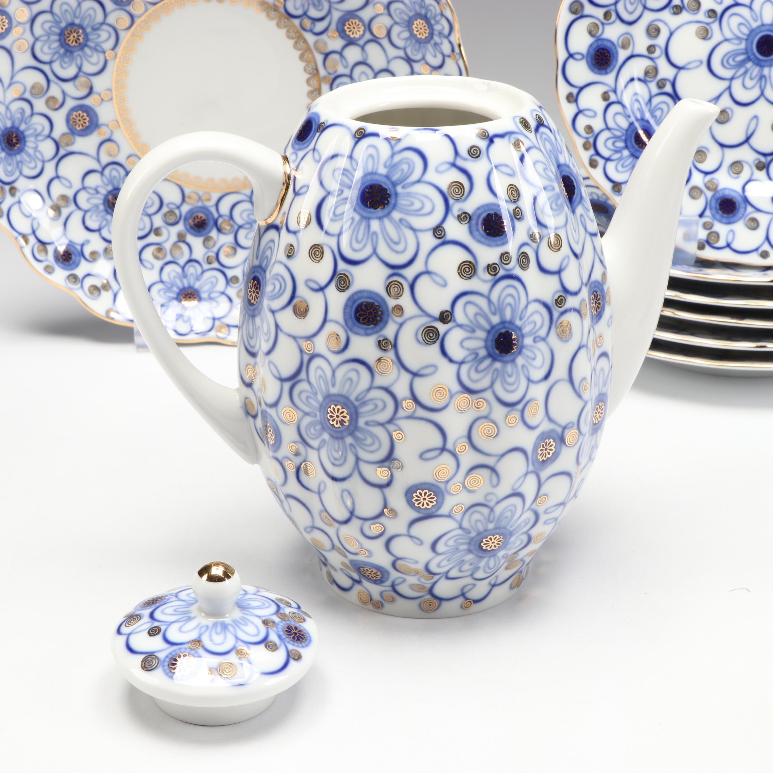 Lomonosov "Winding Twig" Cobalt Blue Porcelain Coffee Set and Dessert Plates