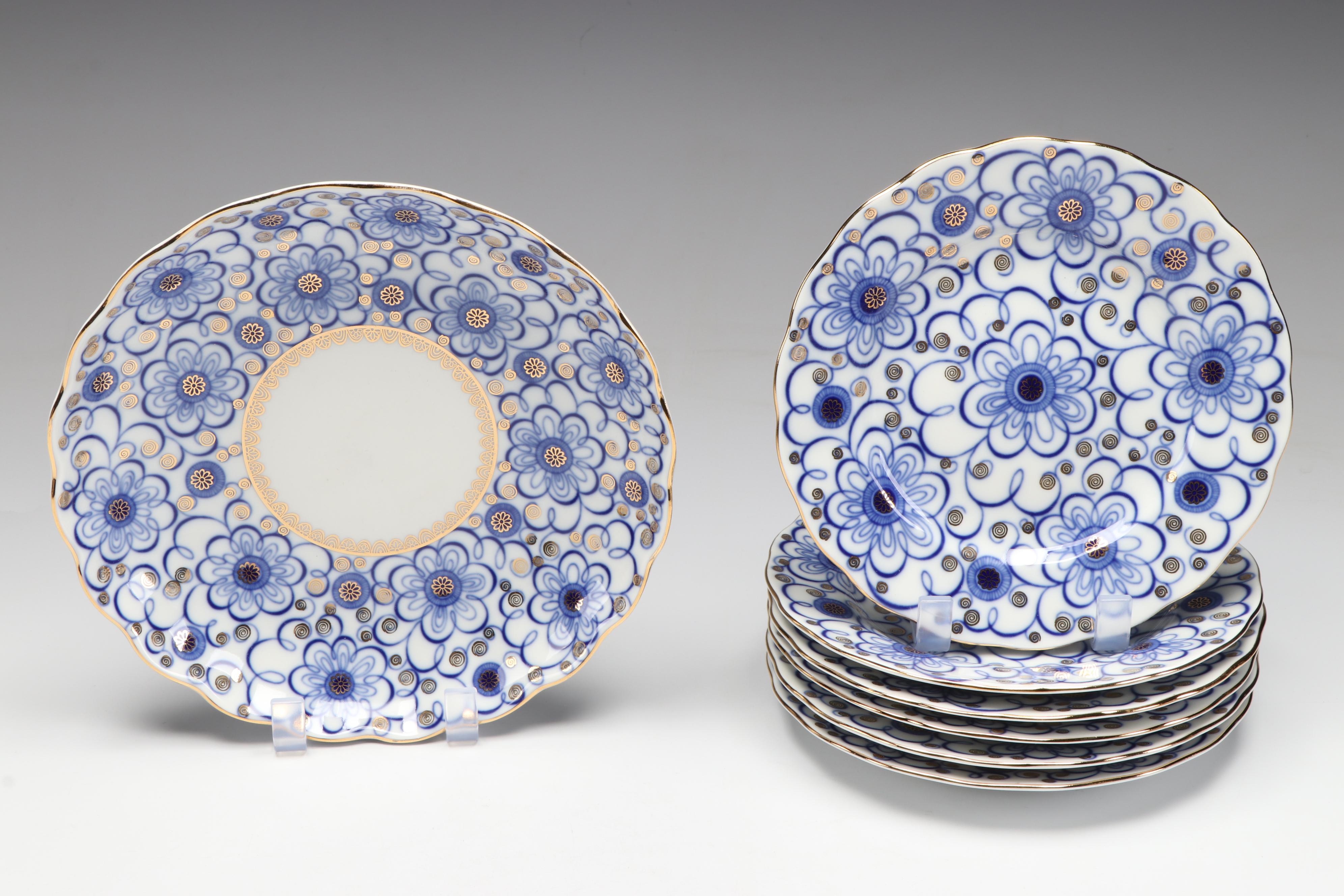 Lomonosov "Winding Twig" Cobalt Blue Porcelain Coffee Set and Dessert Plates