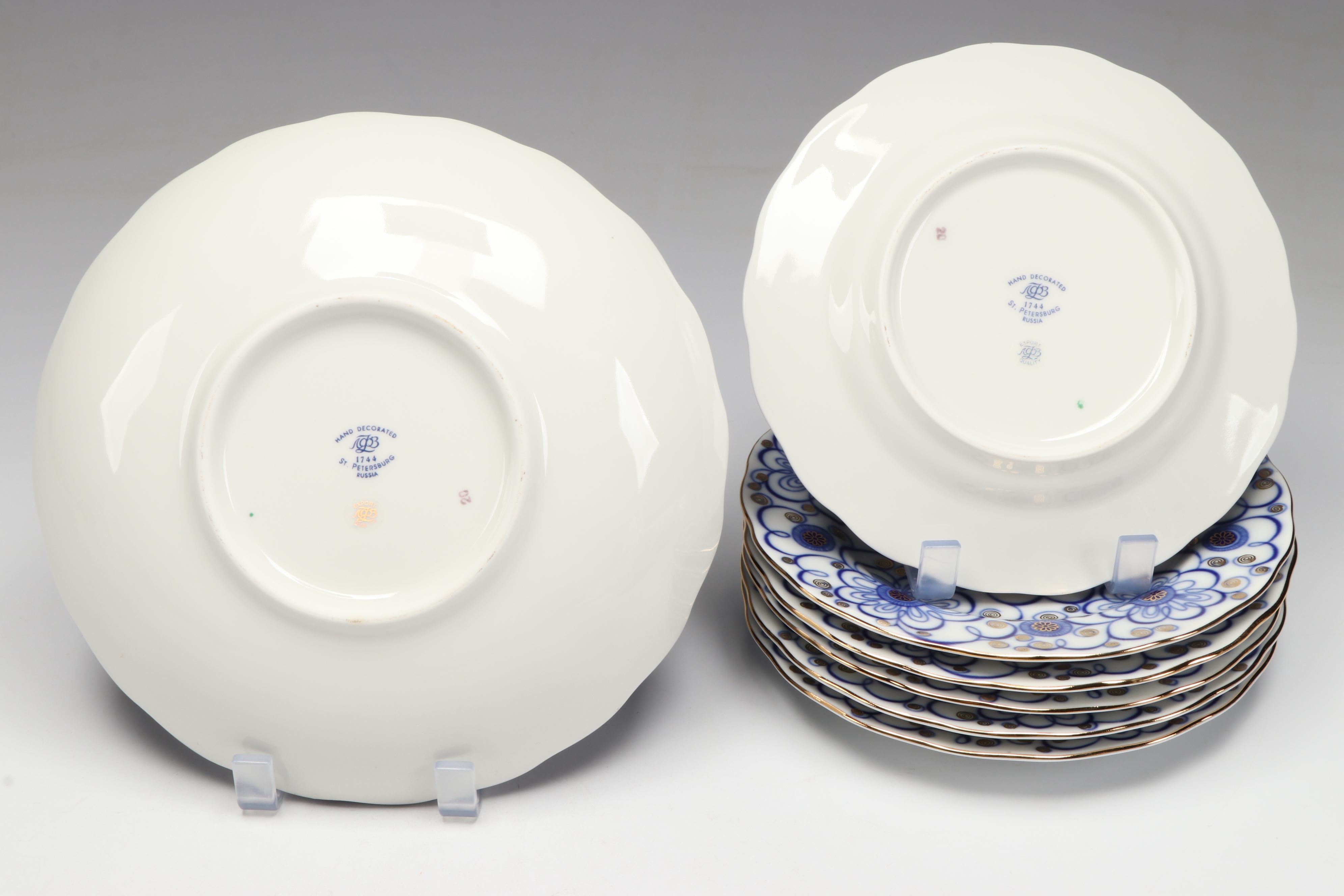 Lomonosov "Winding Twig" Cobalt Blue Porcelain Coffee Set and Dessert Plates