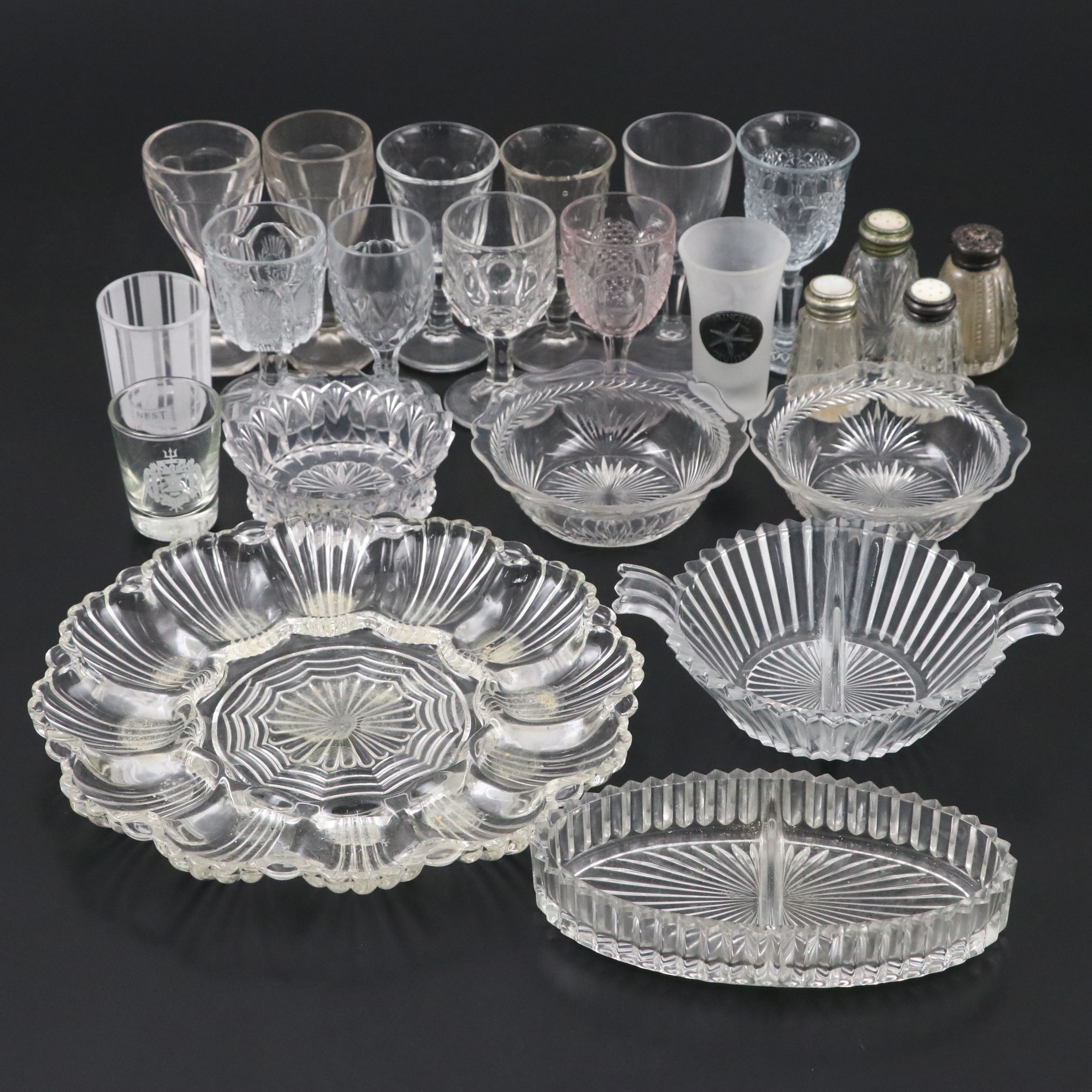 Glass Egg Dish, Divided Bowls, Shakers, Cordials, and More Tableware