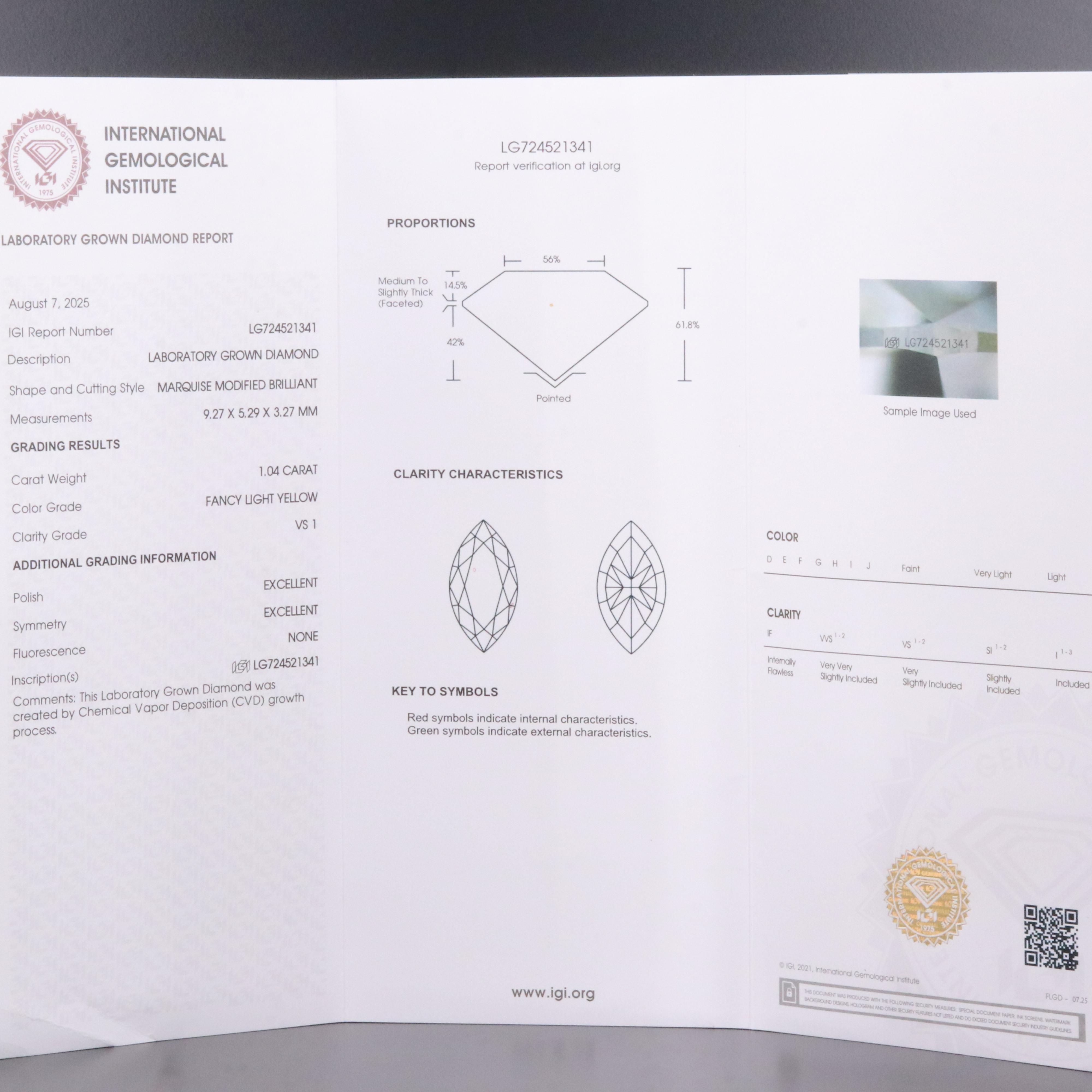 Loose 1.04 CT Lab Grown Fancy Yellow Diamond with IGI Report