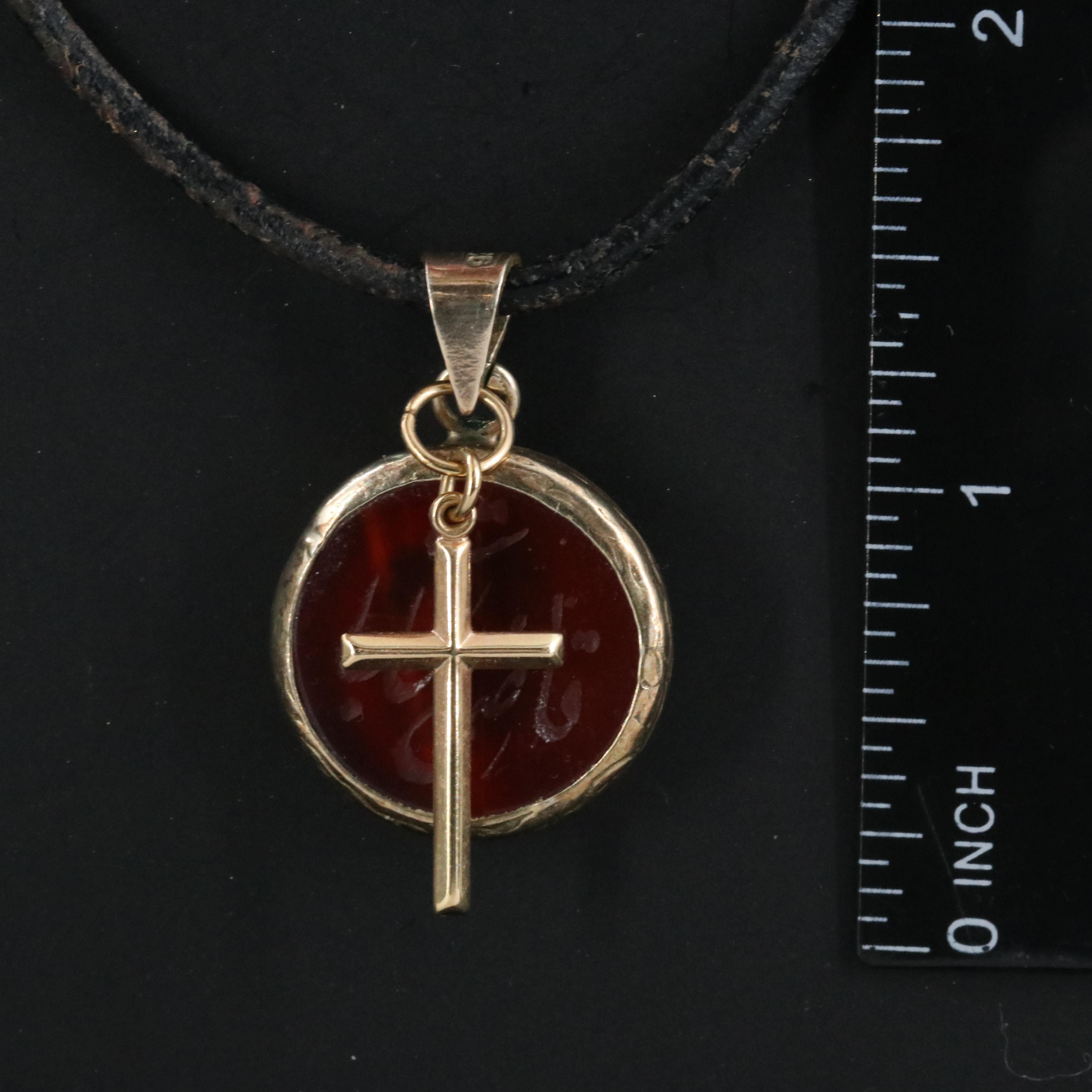 14K Cross with Sterling Carnelian Islamic Calligraphy Pendant Necklace