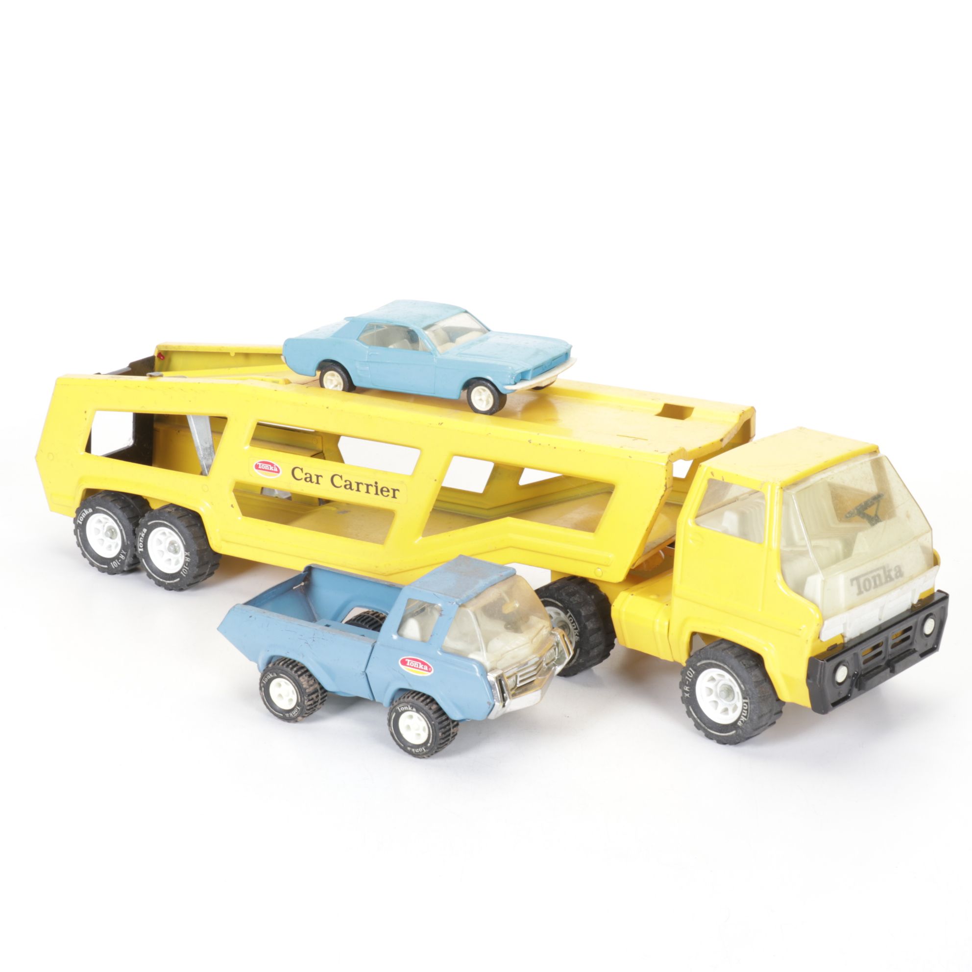 Tonka Pressed Steel Car Carrier with Ford Mustang Slot Car and Tonka Truck
