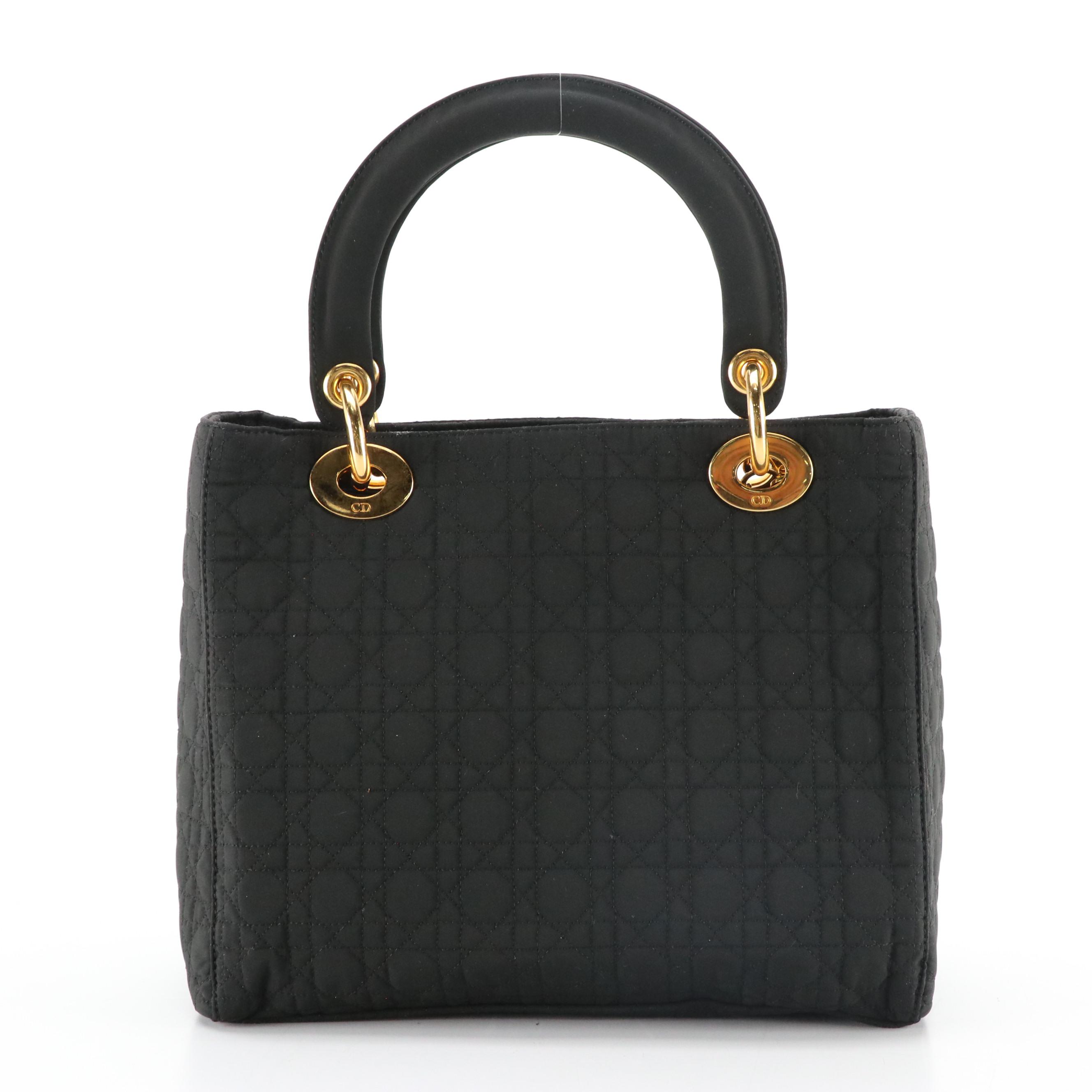 Christian Dior Small Lady Dior Handbag in Black Cannage Quilted Nylon Canvas