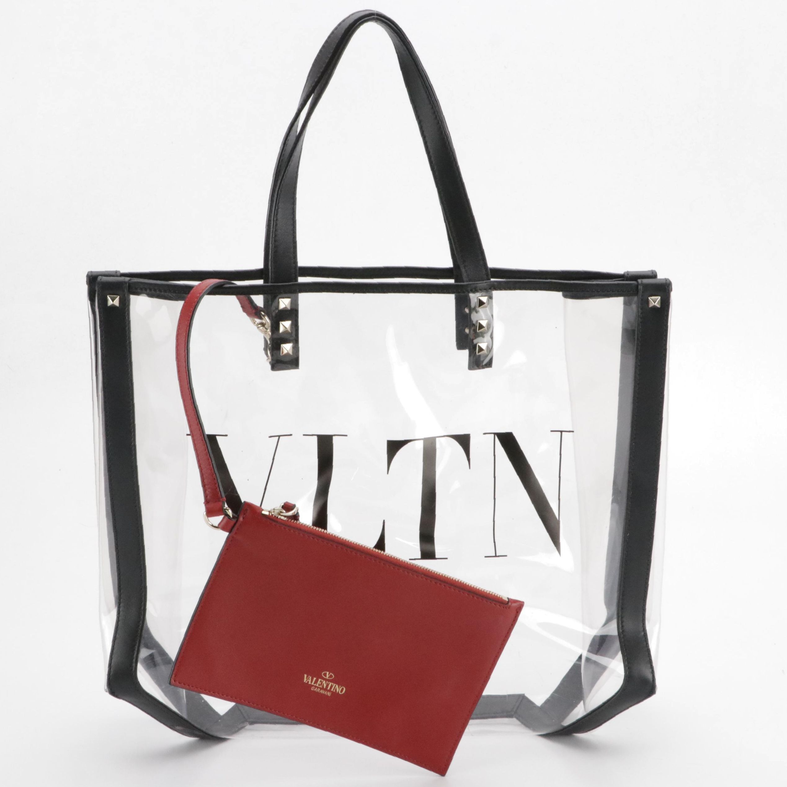 Valentino Garavani VLTN Transparent PVC Tote Bag with Red Leather Zip Pouch