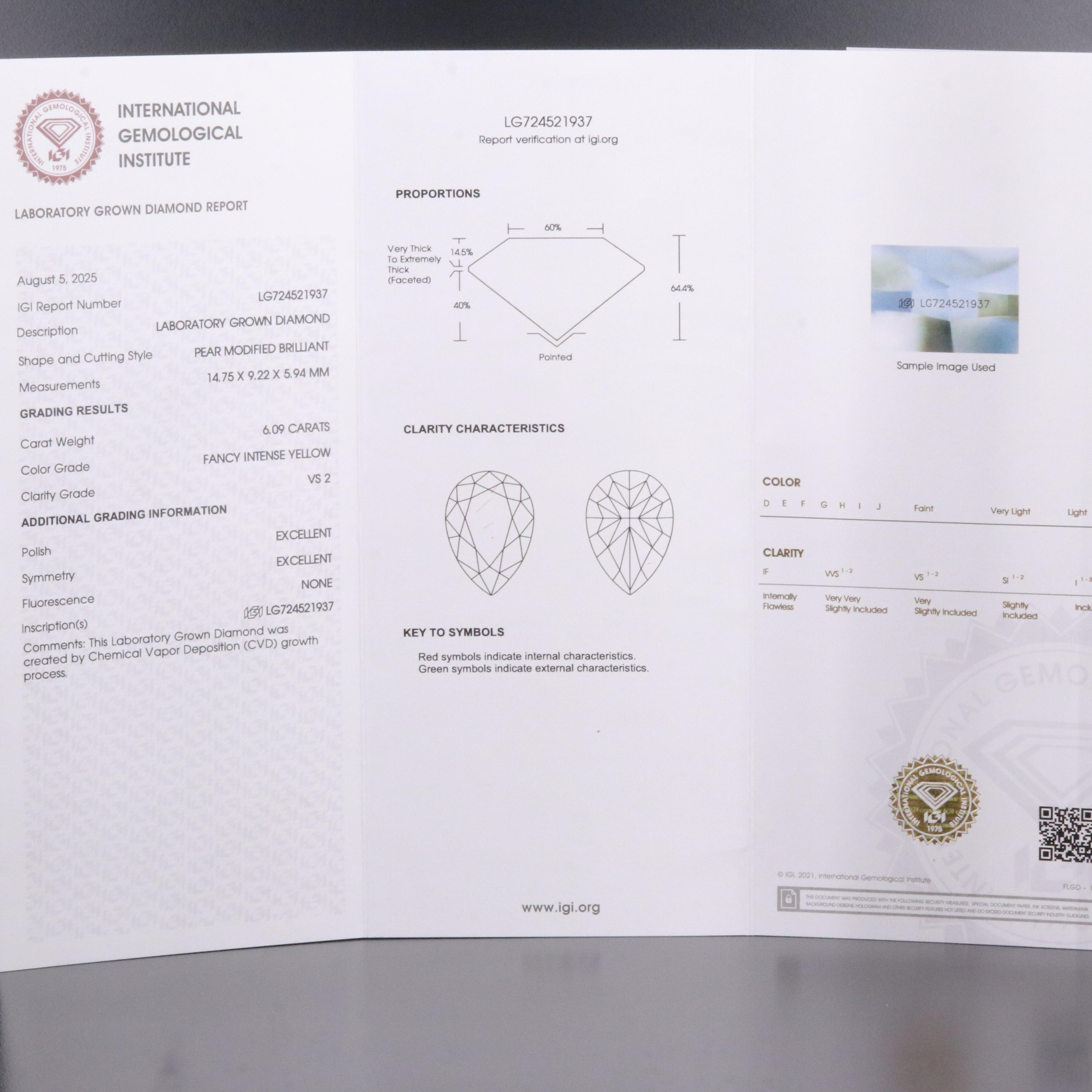 Loose 6.09 CT Lab Grown Fancy Yellow Diamond with IGI Report