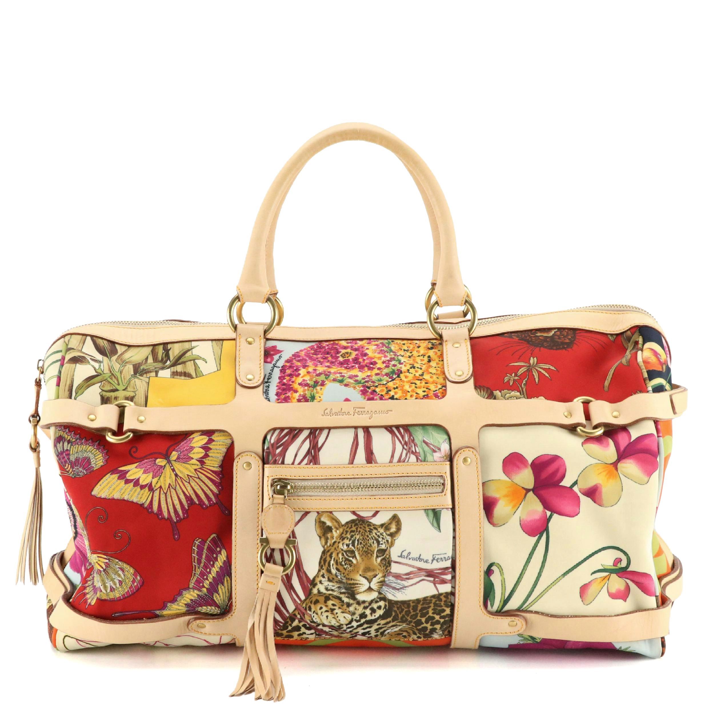 Salvatore Ferragamo Multicolor Mixed Print Nylon Weekender Bag with Leather Trim