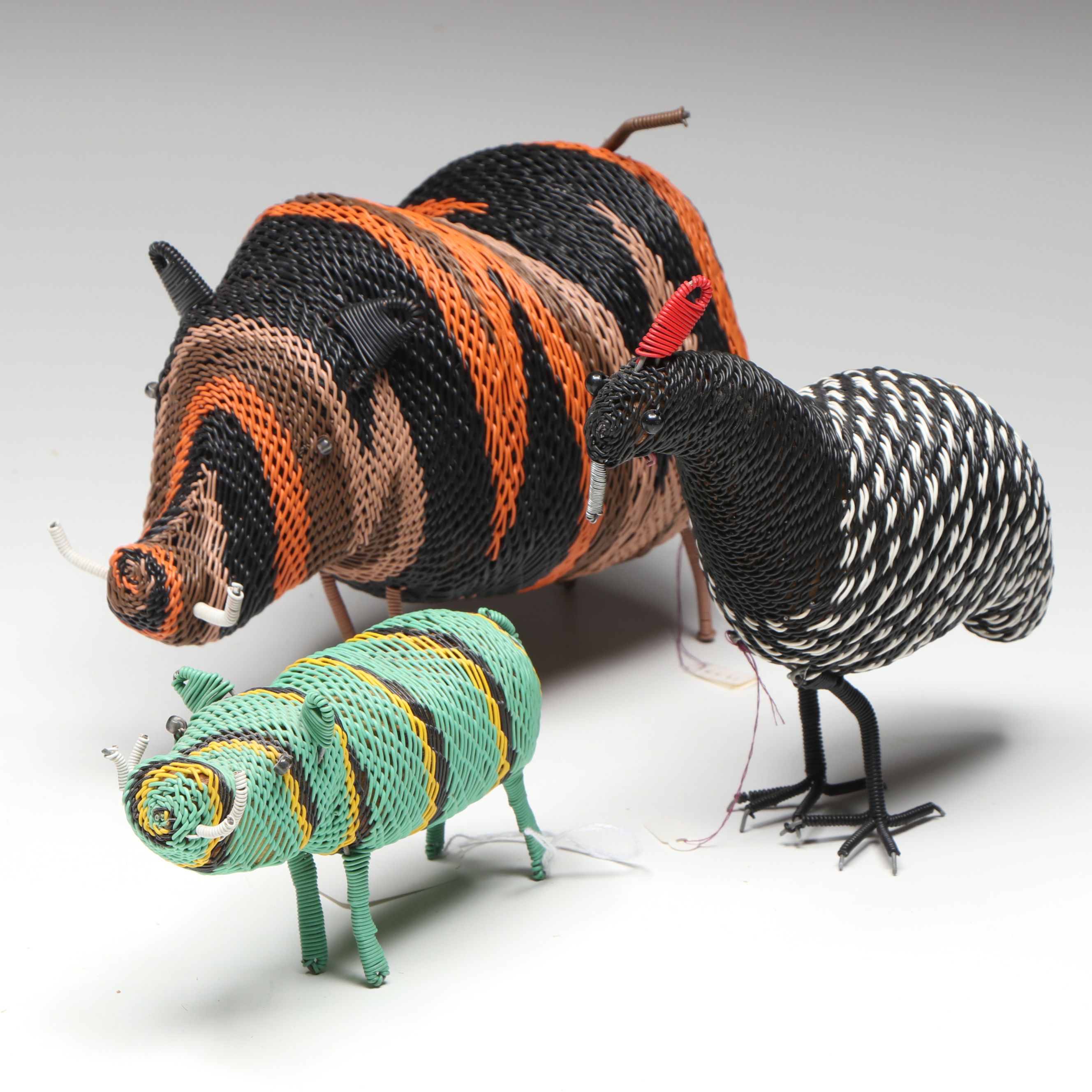 African Zulu Peoples Telephone Wire over Wood Guinea Fowl and Other Animals