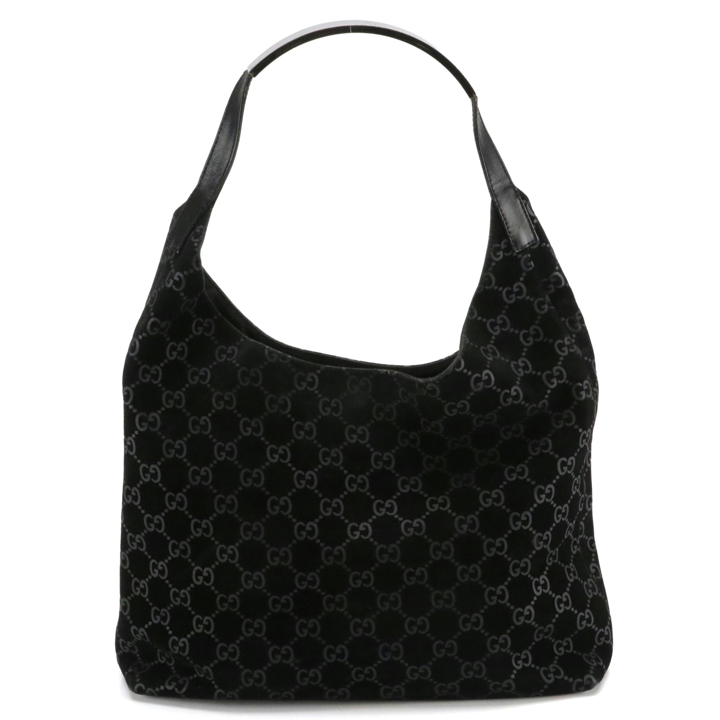 Gucci Black GG Suede and Leather Hobo Shoulder Bag With Metal Bar Strap