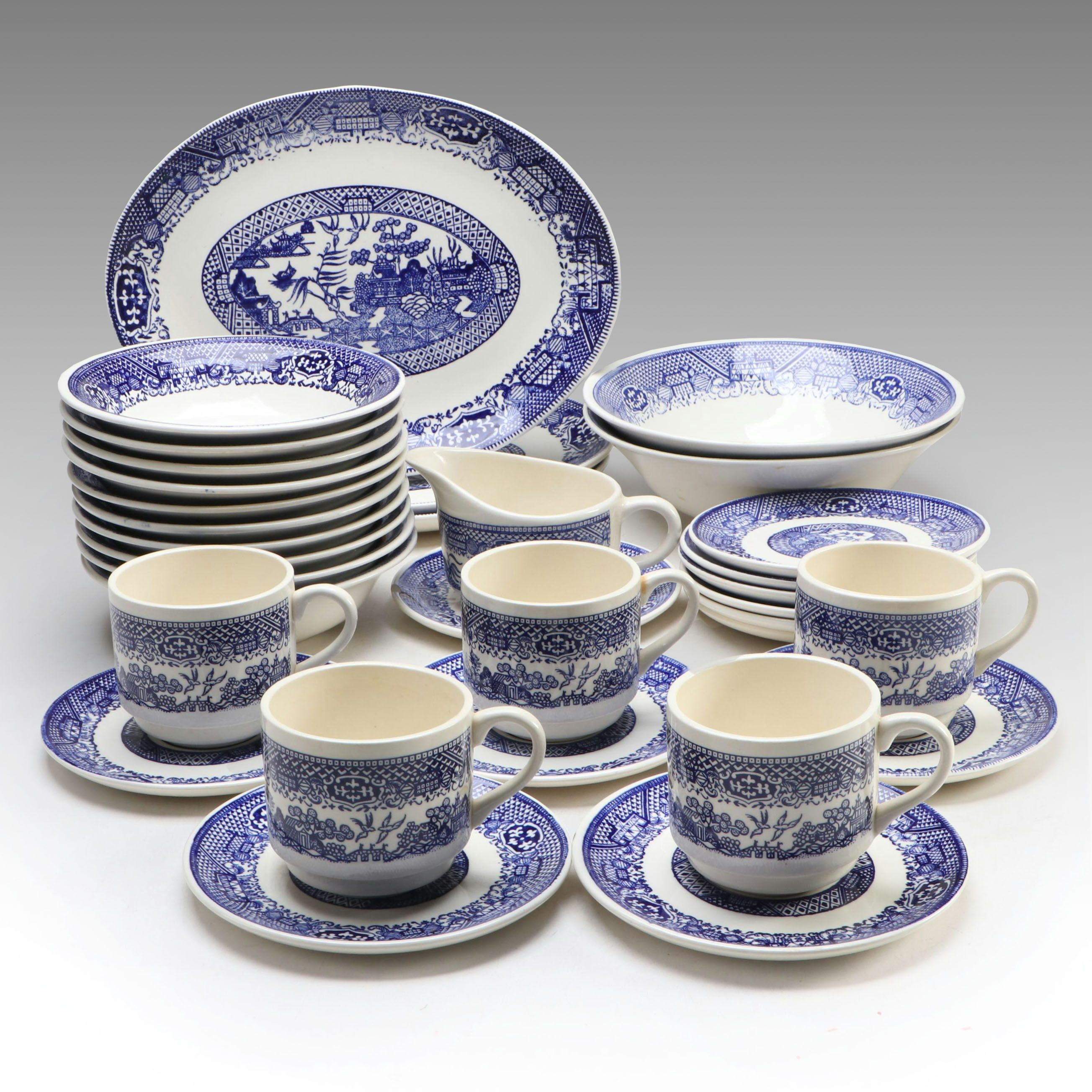 Scio Pottery "Blue Willow" Dinnerware and Serving Pieces, 20th Century