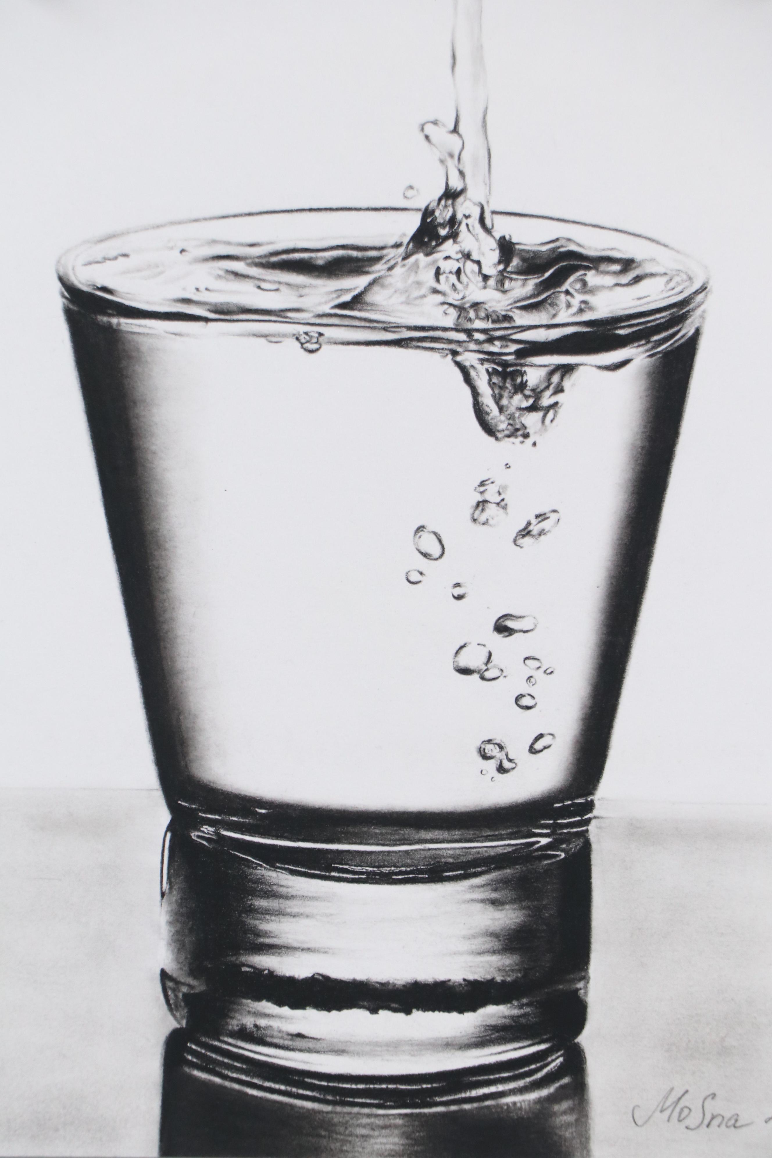 Photorealist Charcoal Drawing of Water Pouring Into Glass, 2019