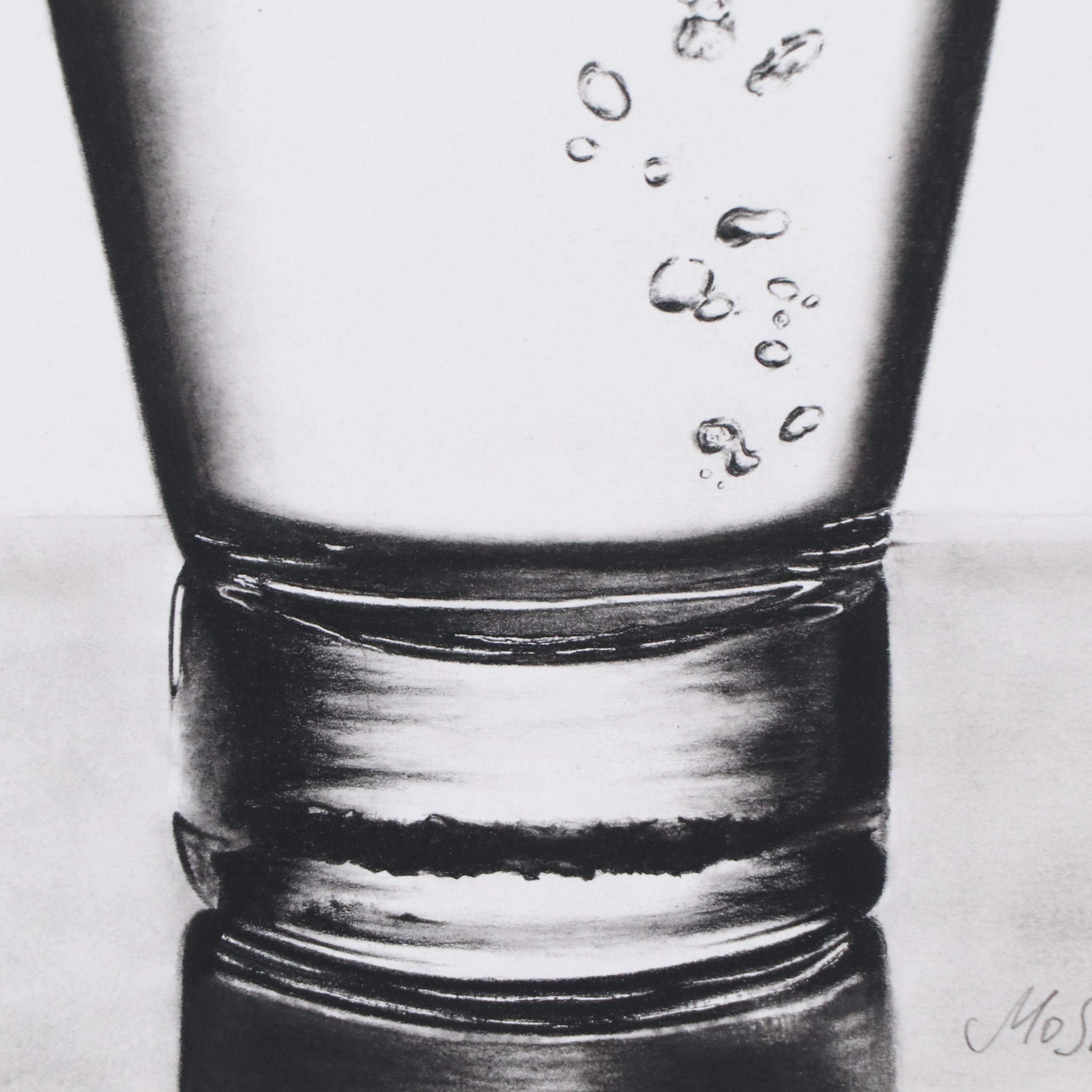 Photorealist Charcoal Drawing of Water Pouring Into Glass, 2019