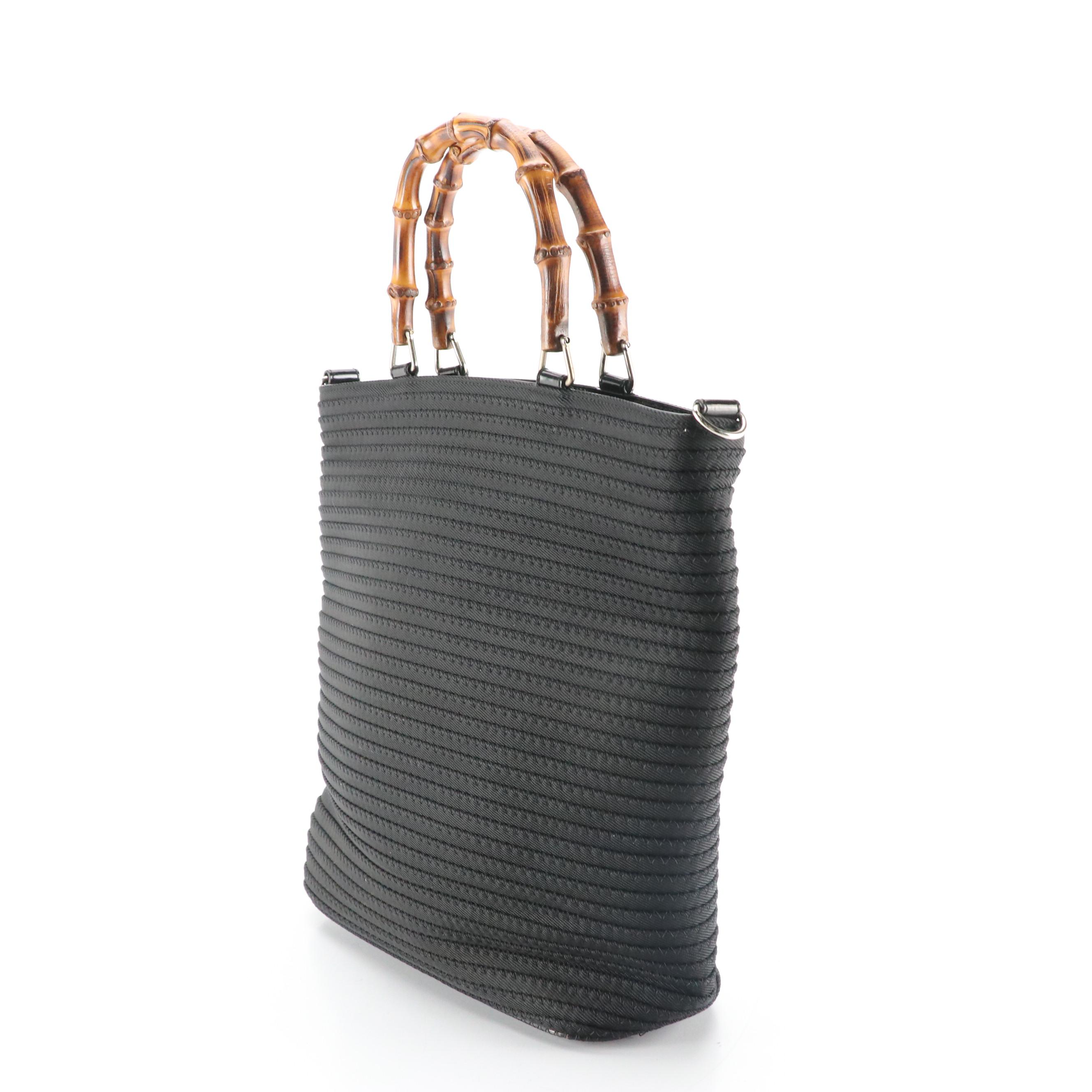 Gucci Bamboo Top Handle Bag in Black Ribbed Nylon Canvas and Leather