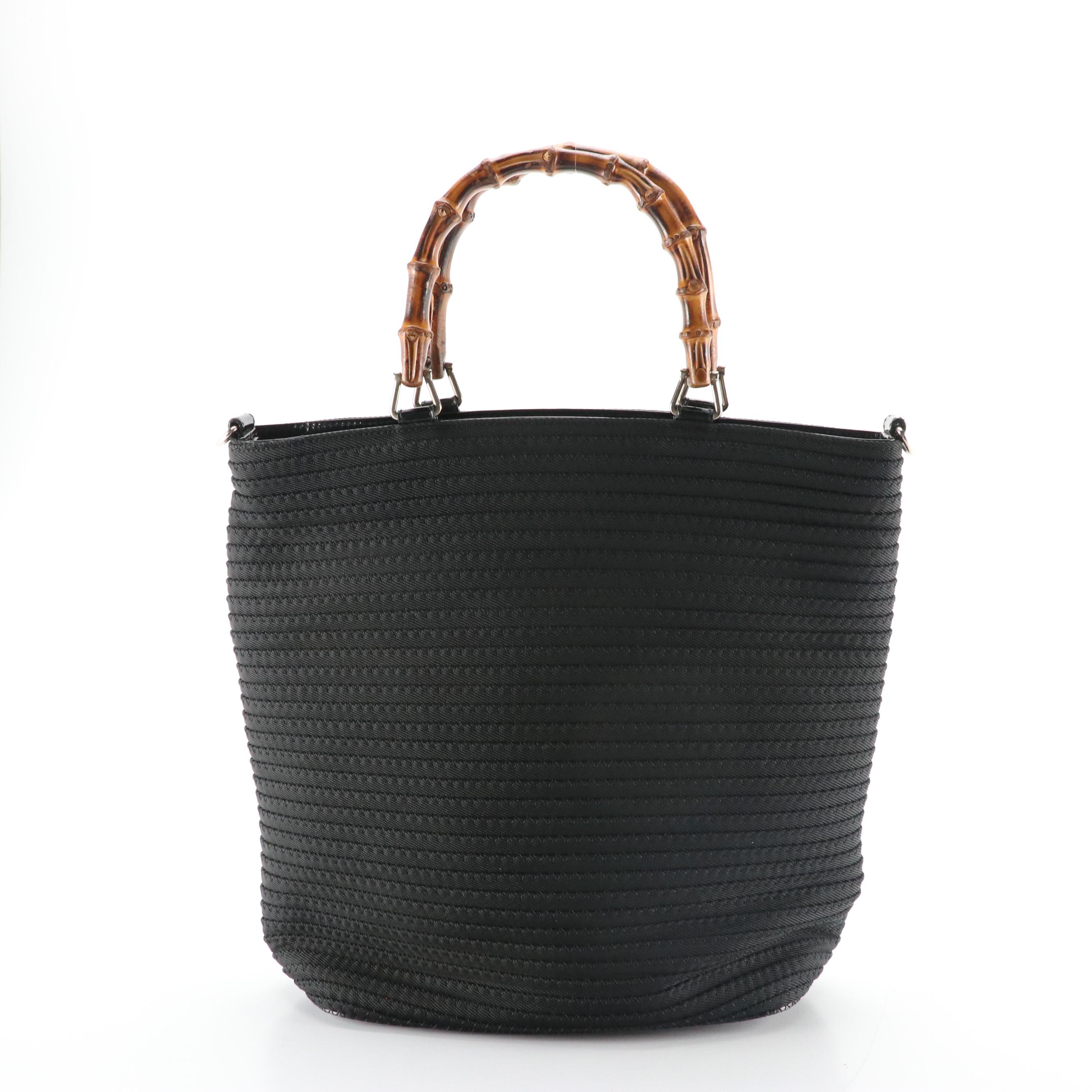 Gucci Bamboo Top Handle Bag in Black Ribbed Nylon Canvas and Leather