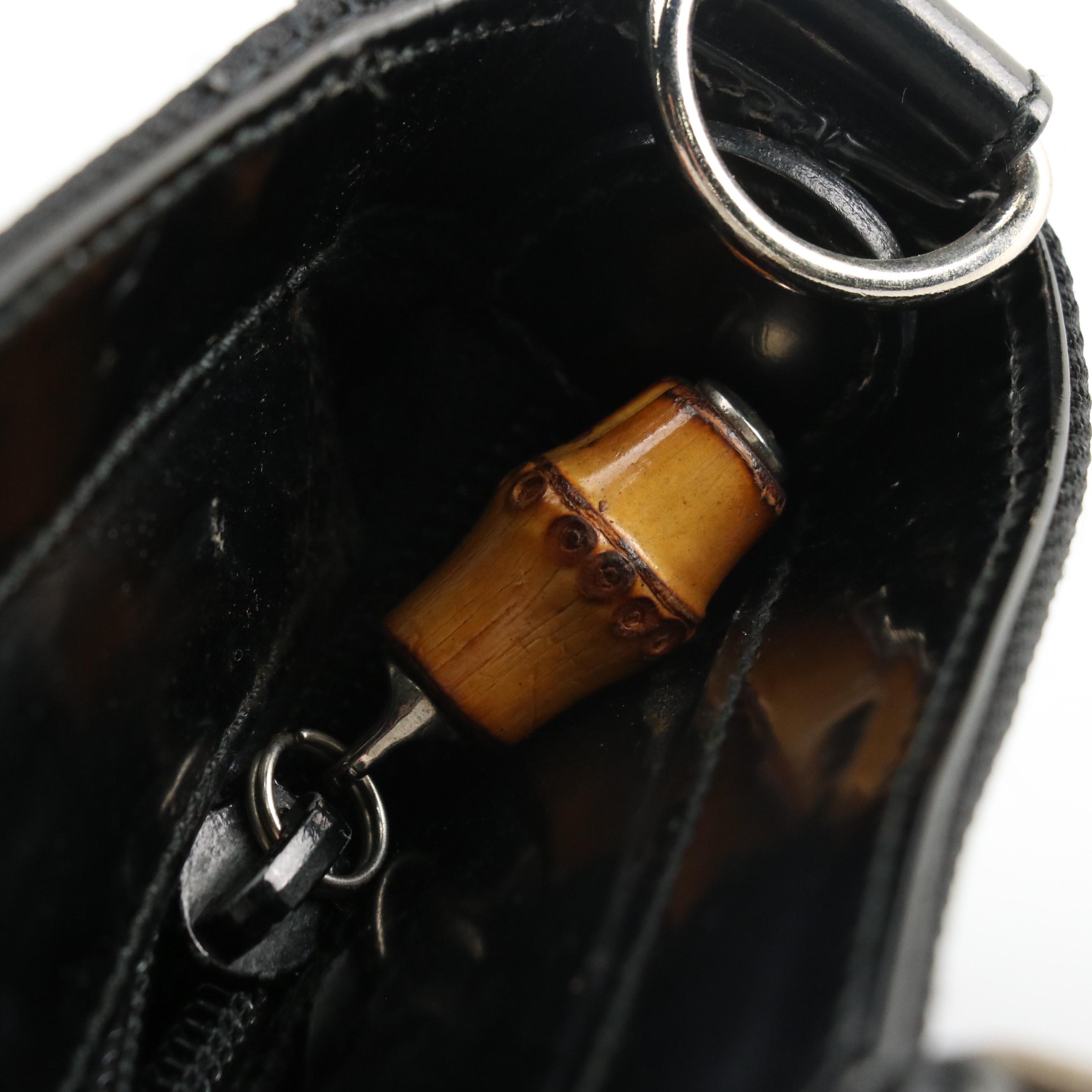 Gucci Bamboo Top Handle Bag in Black Ribbed Nylon Canvas and Leather