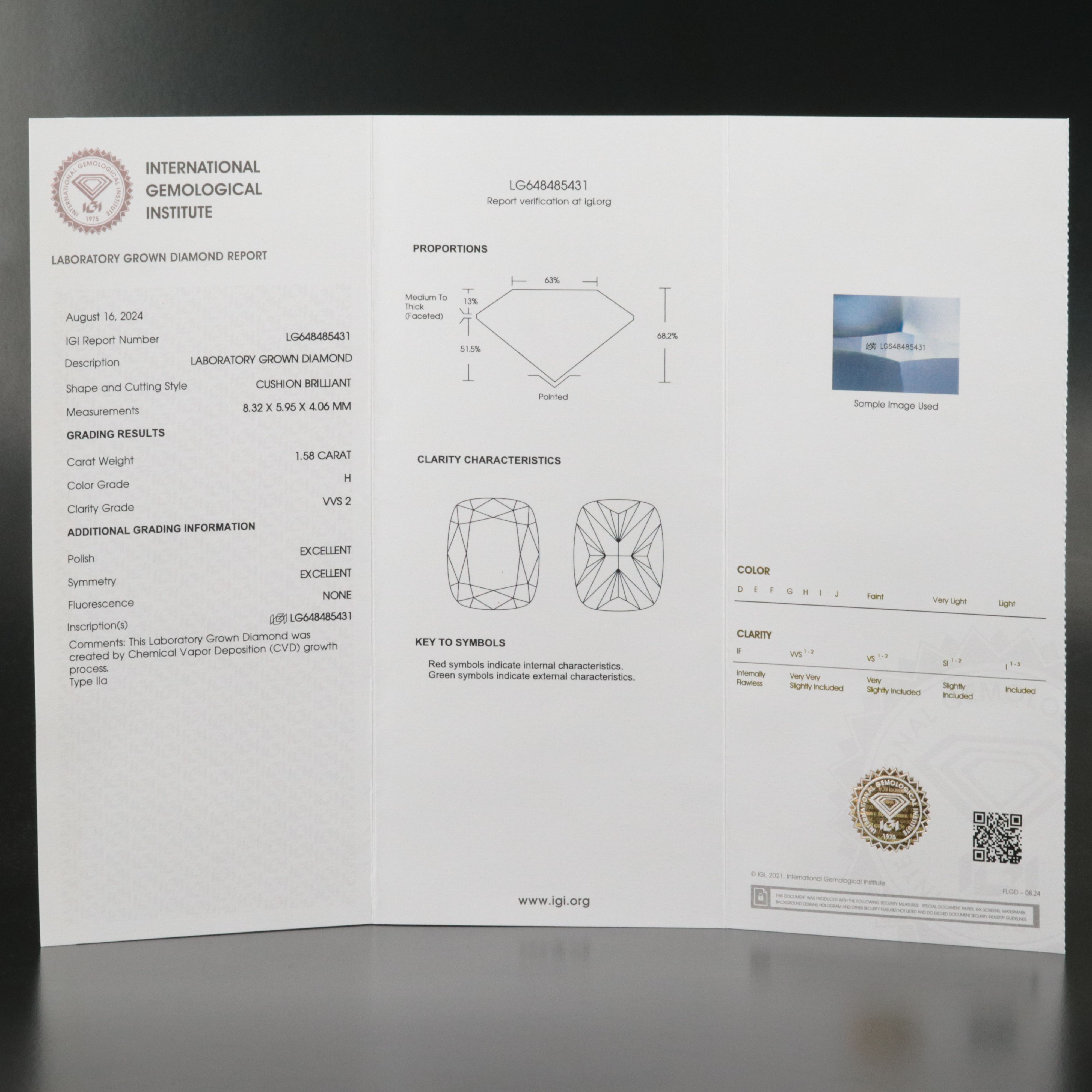 Loose 1.58 CT Lab Grown Diamond with IGI Report