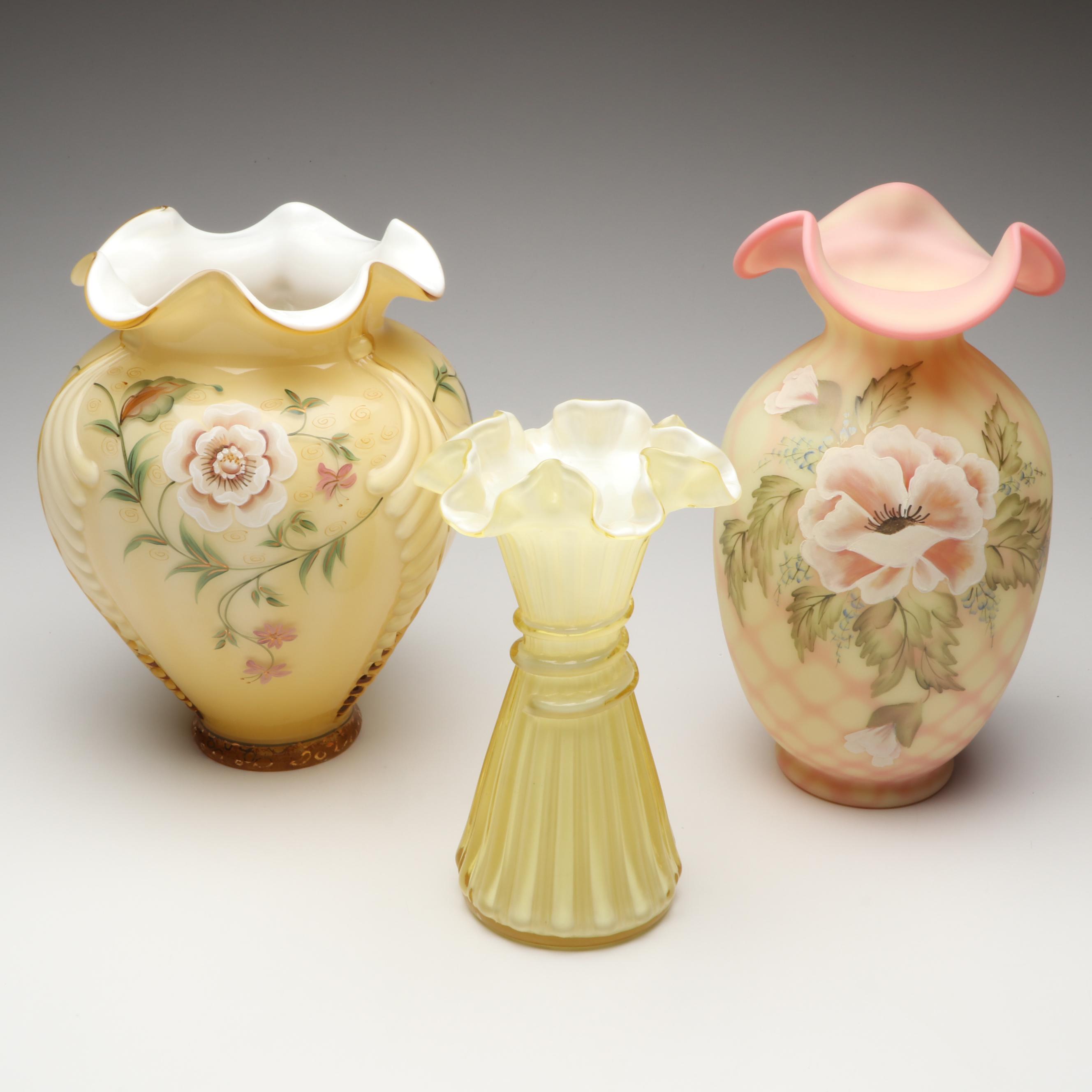 Fenton Hand-Painted Uranium Glass with Other Ruffle Edge Vases