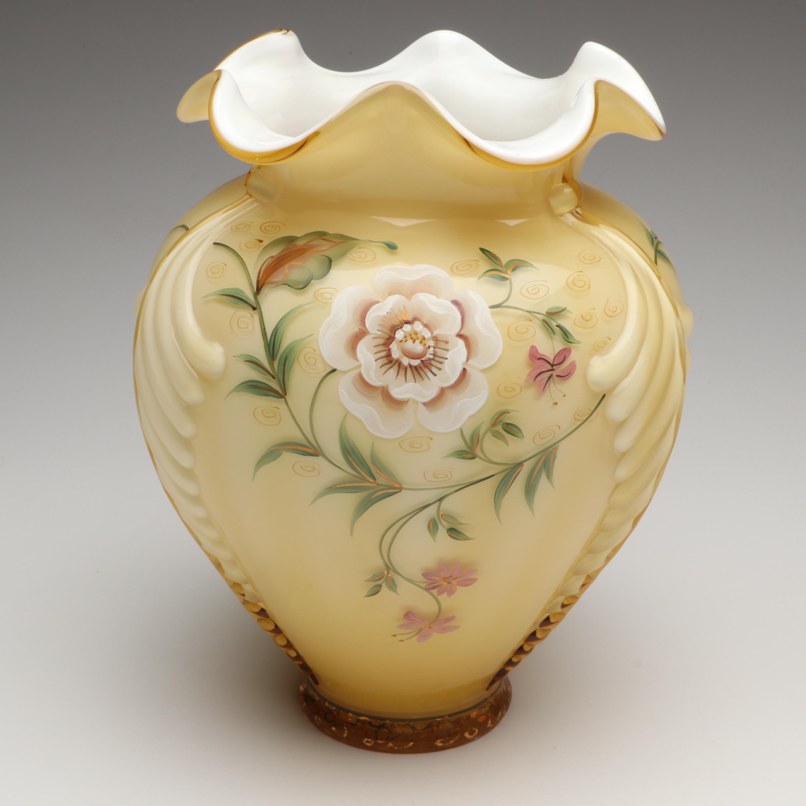 Fenton Hand-Painted Uranium Glass with Other Ruffle Edge Vases