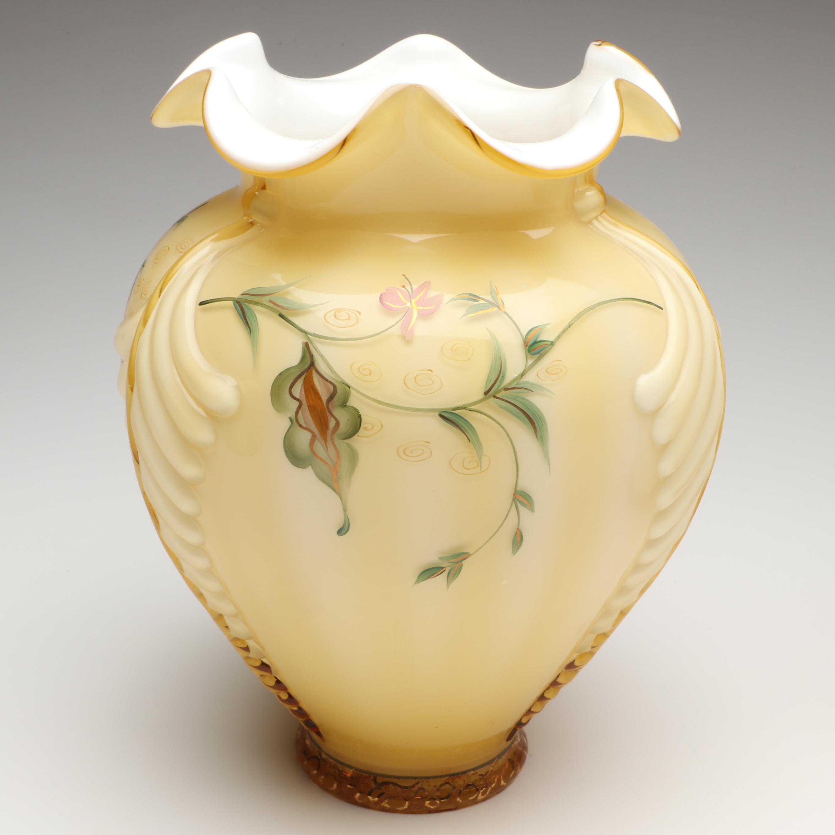 Fenton Hand-Painted Uranium Glass with Other Ruffle Edge Vases