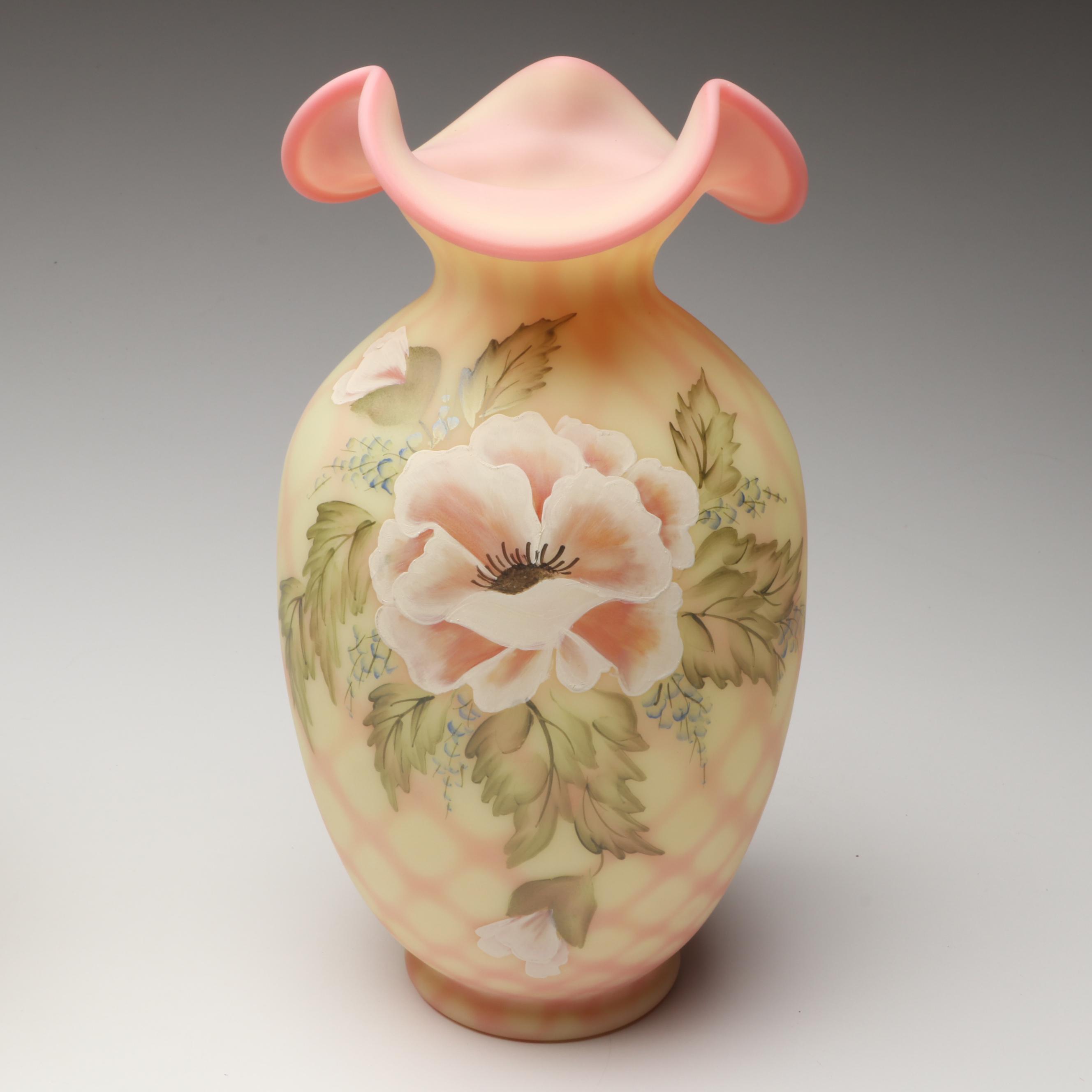 Fenton Hand-Painted Uranium Glass with Other Ruffle Edge Vases