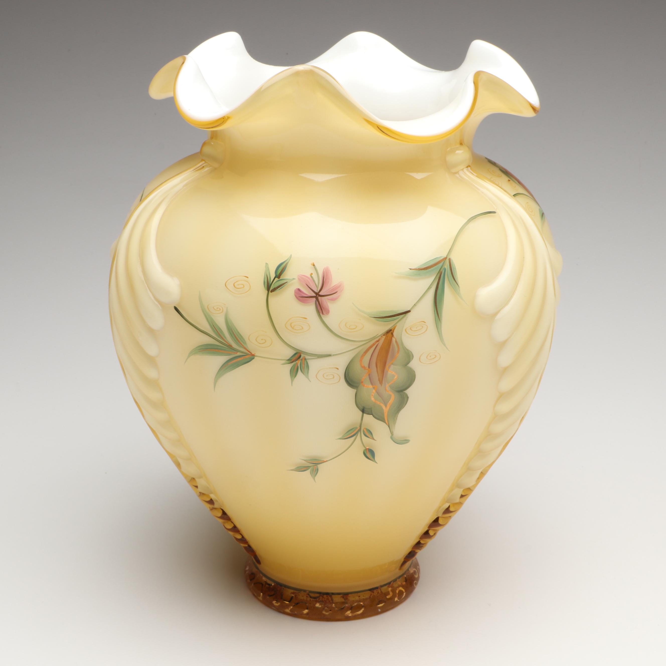 Fenton Hand-Painted Uranium Glass with Other Ruffle Edge Vases