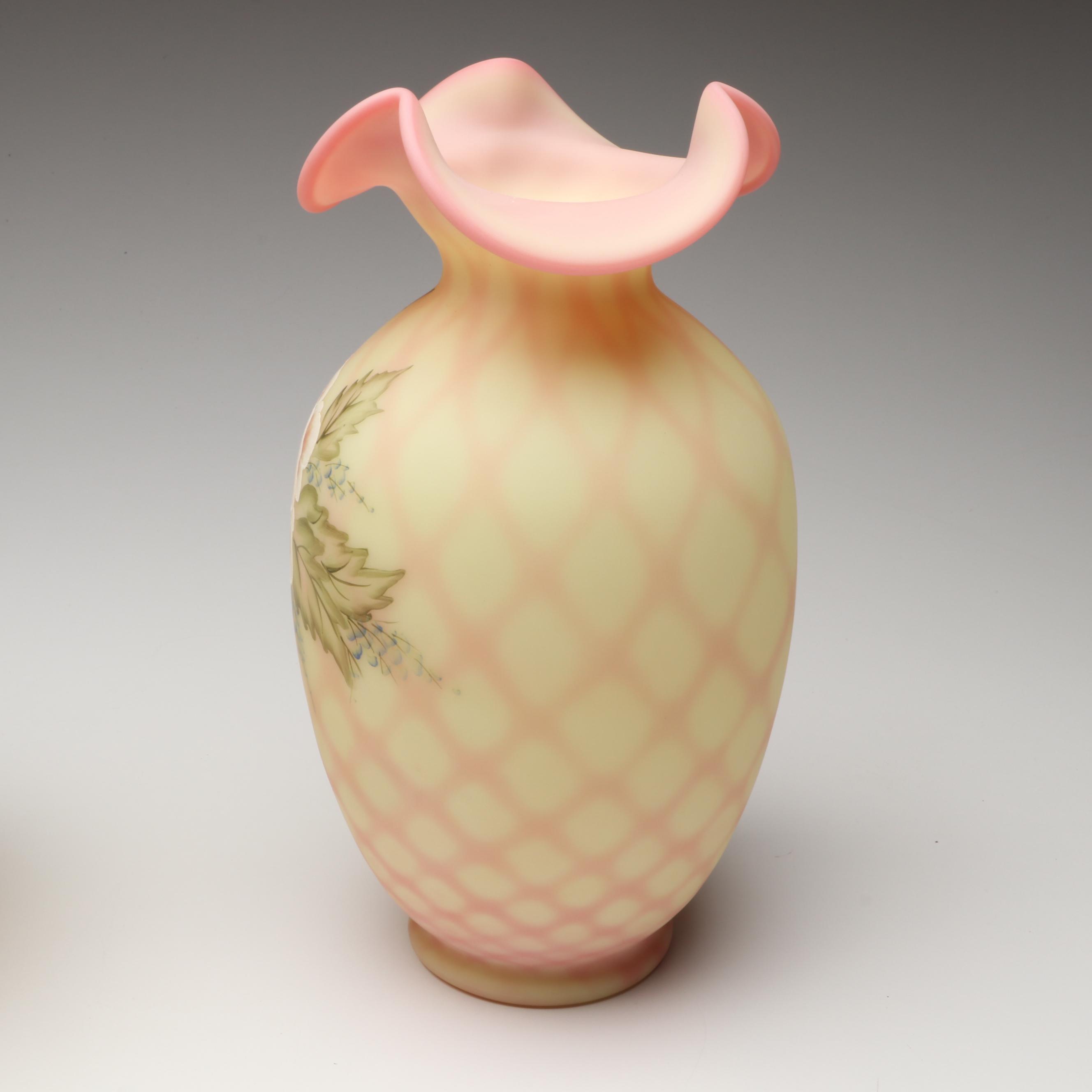 Fenton Hand-Painted Uranium Glass with Other Ruffle Edge Vases