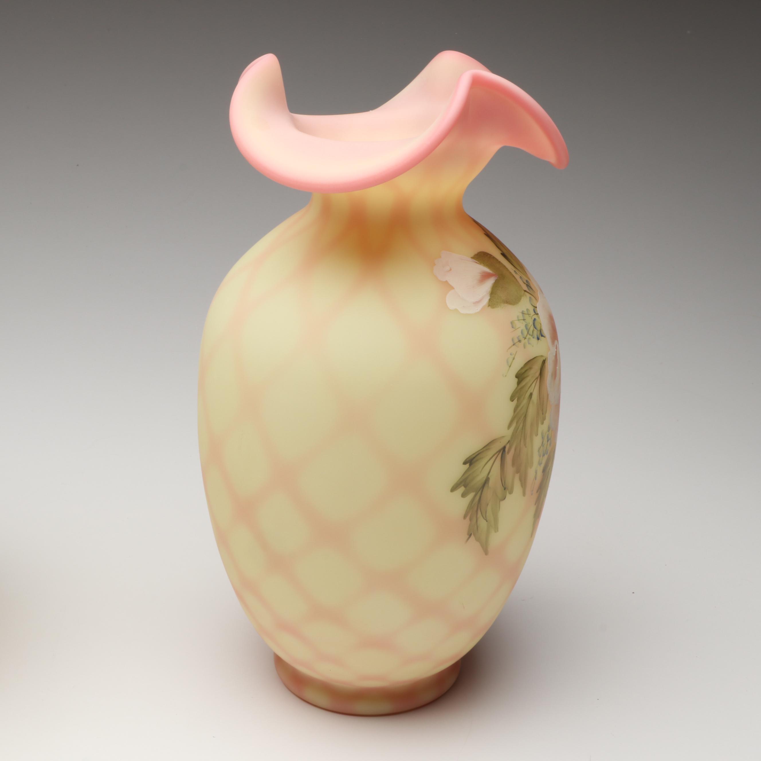 Fenton Hand-Painted Uranium Glass with Other Ruffle Edge Vases