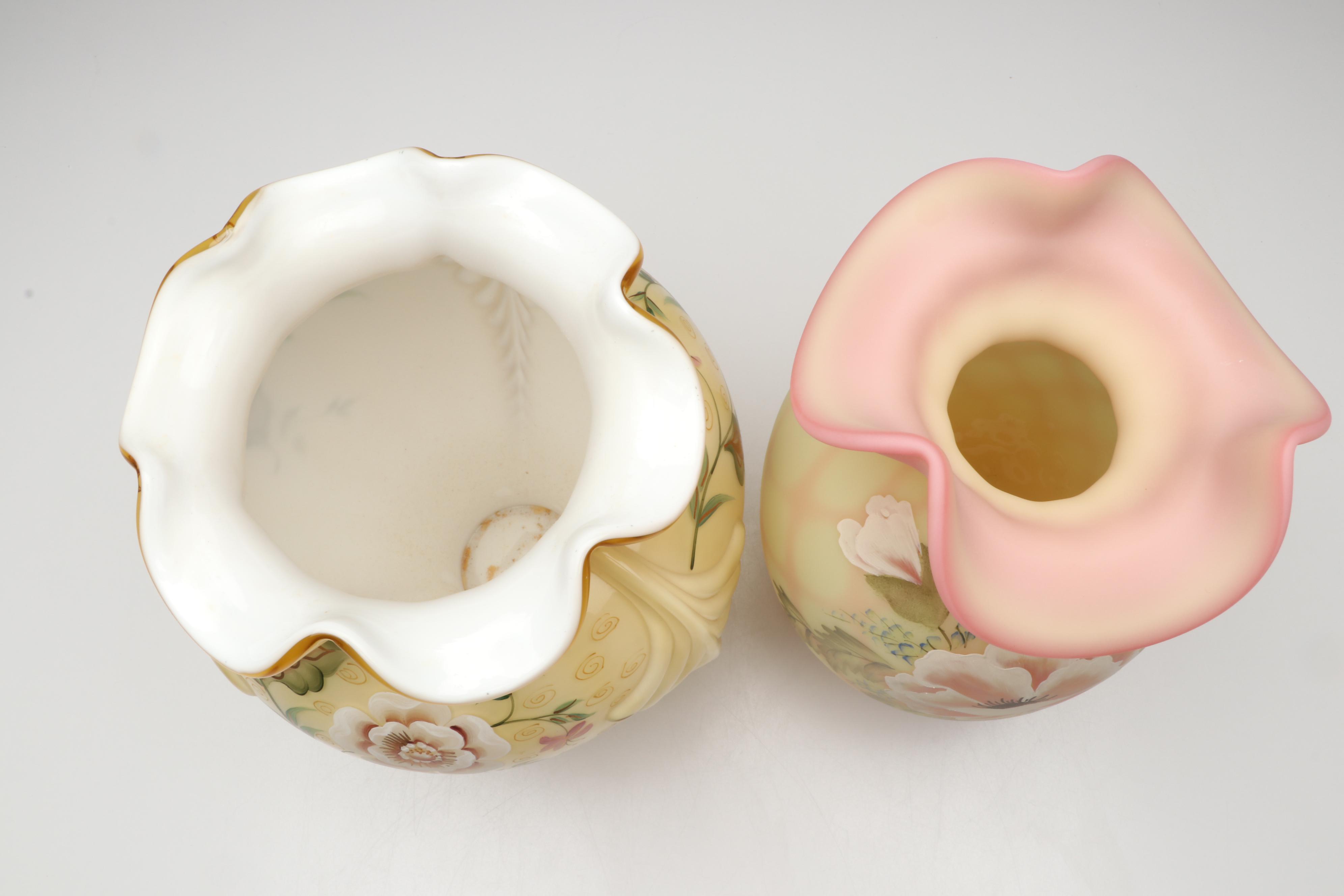 Fenton Hand-Painted Uranium Glass with Other Ruffle Edge Vases
