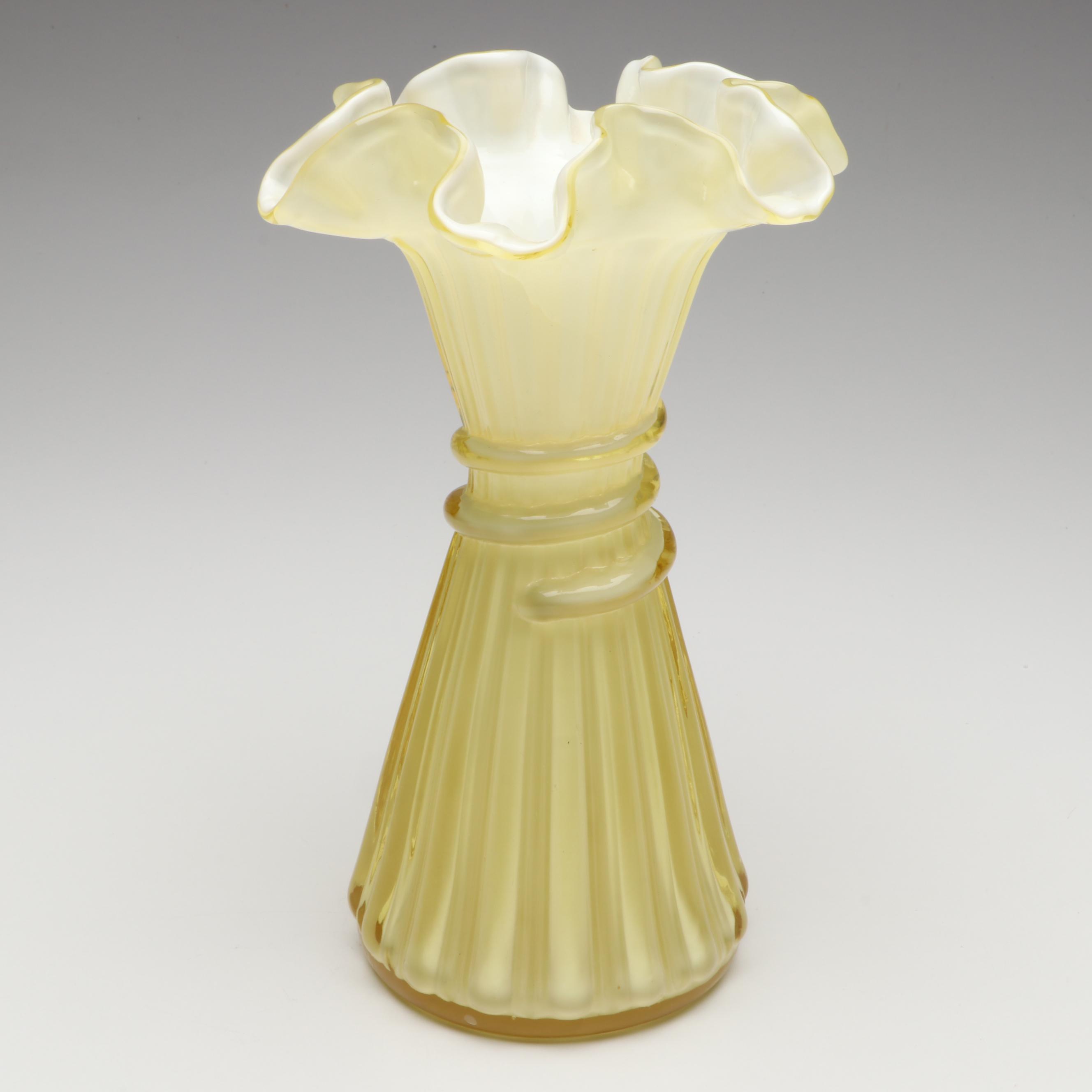 Fenton Hand-Painted Uranium Glass with Other Ruffle Edge Vases