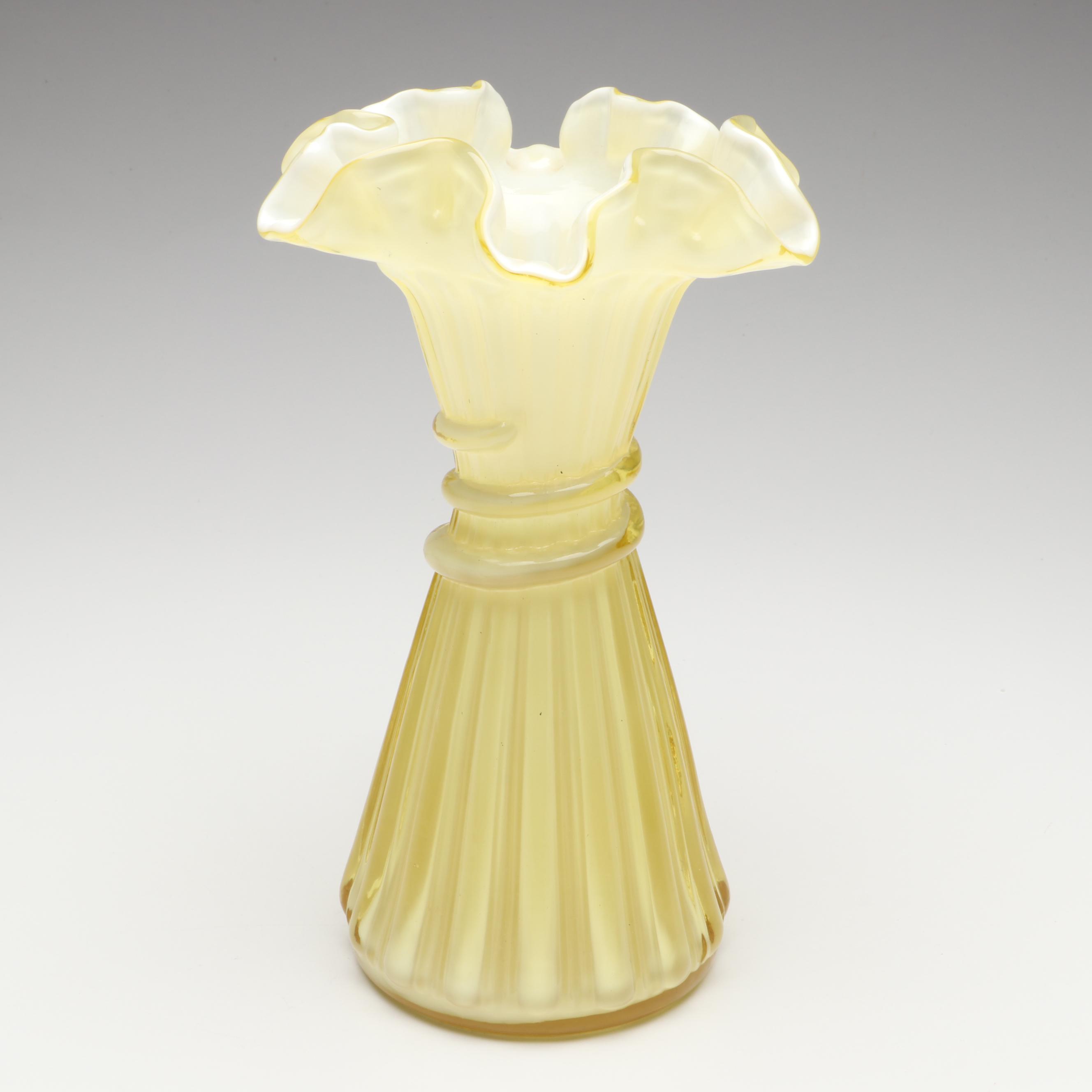 Fenton Hand-Painted Uranium Glass with Other Ruffle Edge Vases