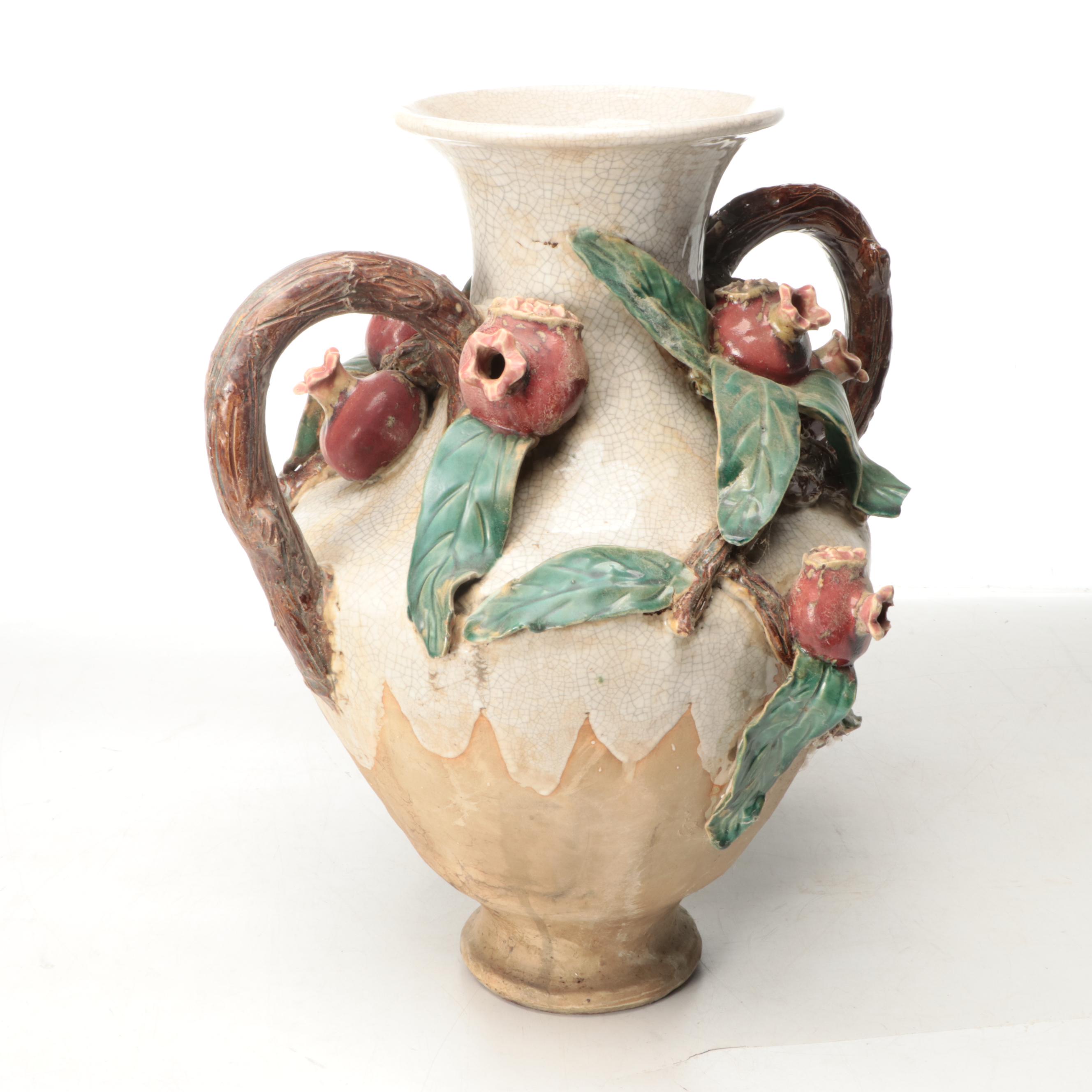 Italian Majolica Pomegranate on Vines Floor Vase