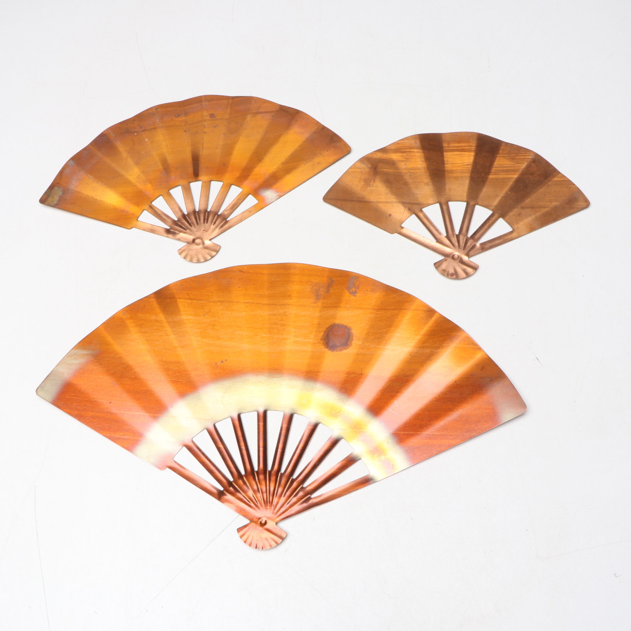 Mid Century Modern Wood and Metal Candle Sconces with Copper Hand Fan Wall Décor