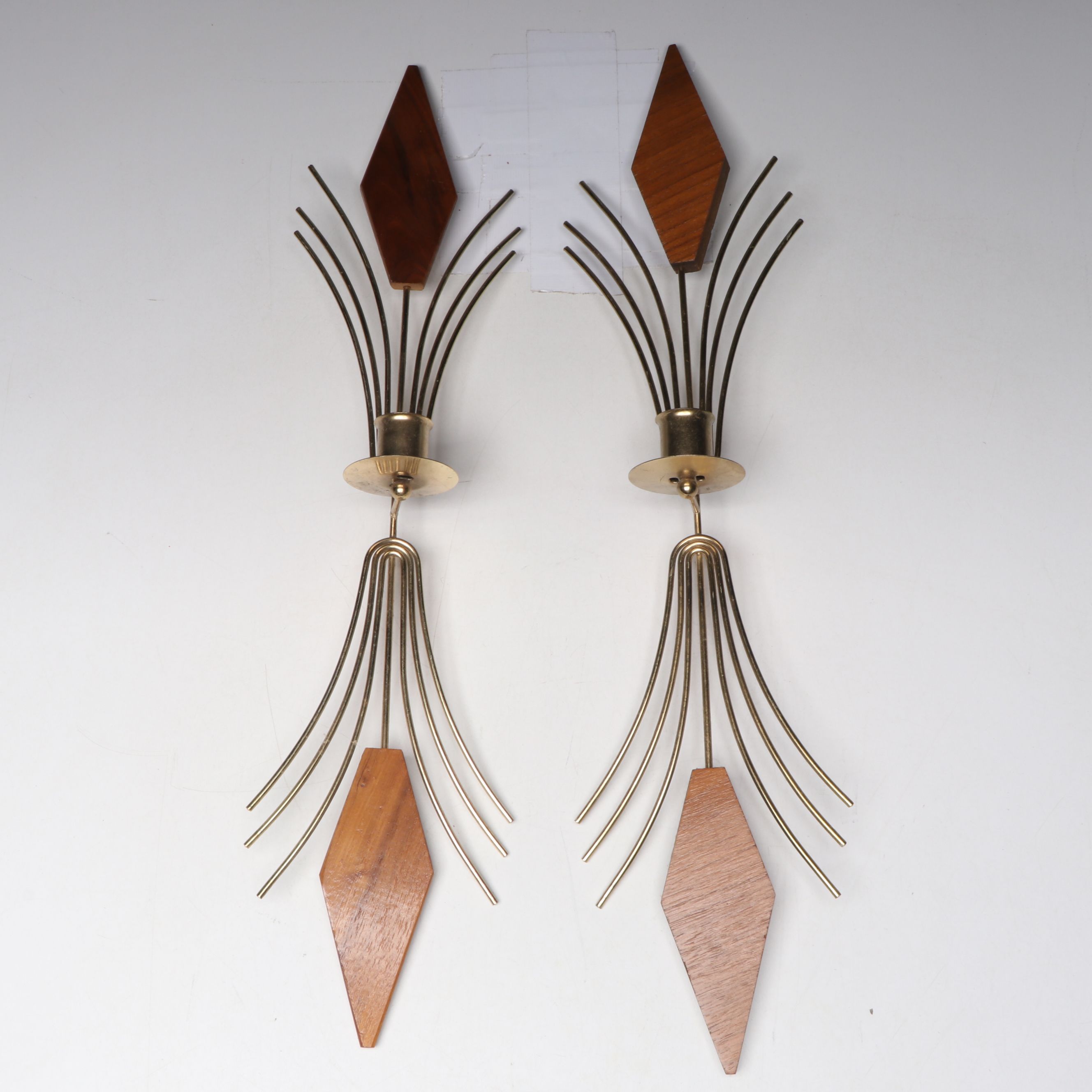 Mid Century Modern Wood and Metal Candle Sconces with Copper Hand Fan Wall Décor