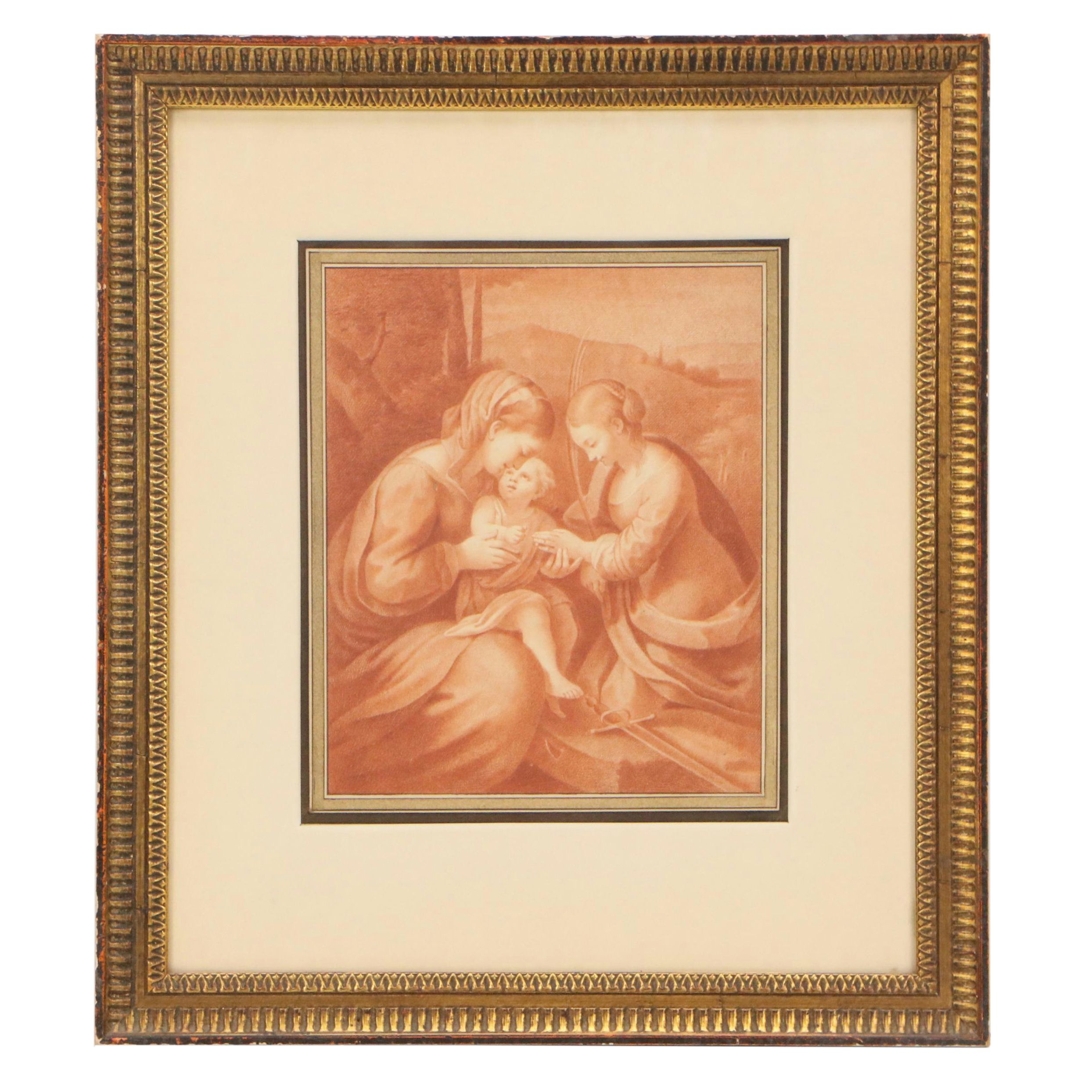 Conté Crayon Drawing of The Marriage of St. Catherine, 19th Century