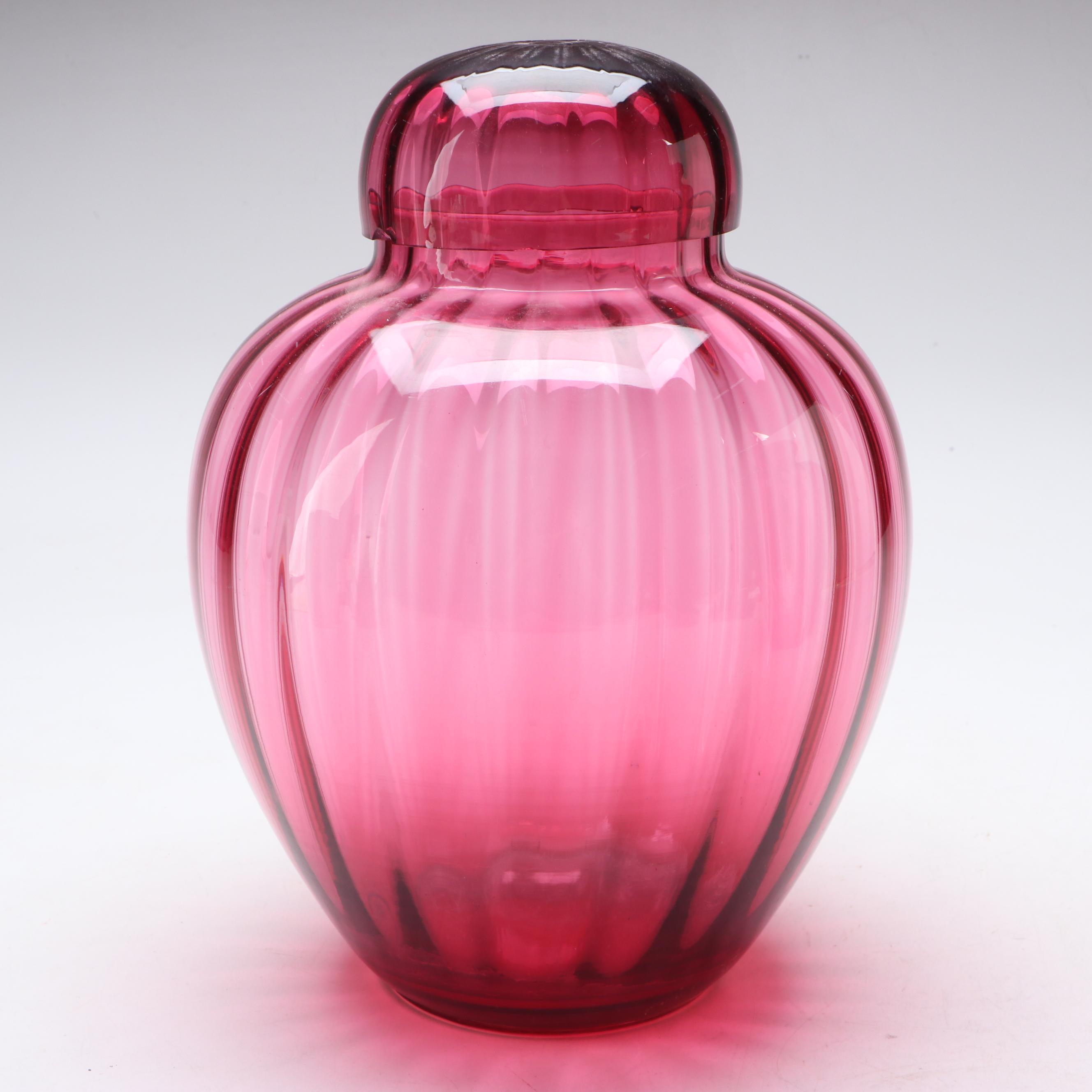 Pilgrim "Canterbury" and "Camille" Cranberry Glass Vases with Lidded Vessel