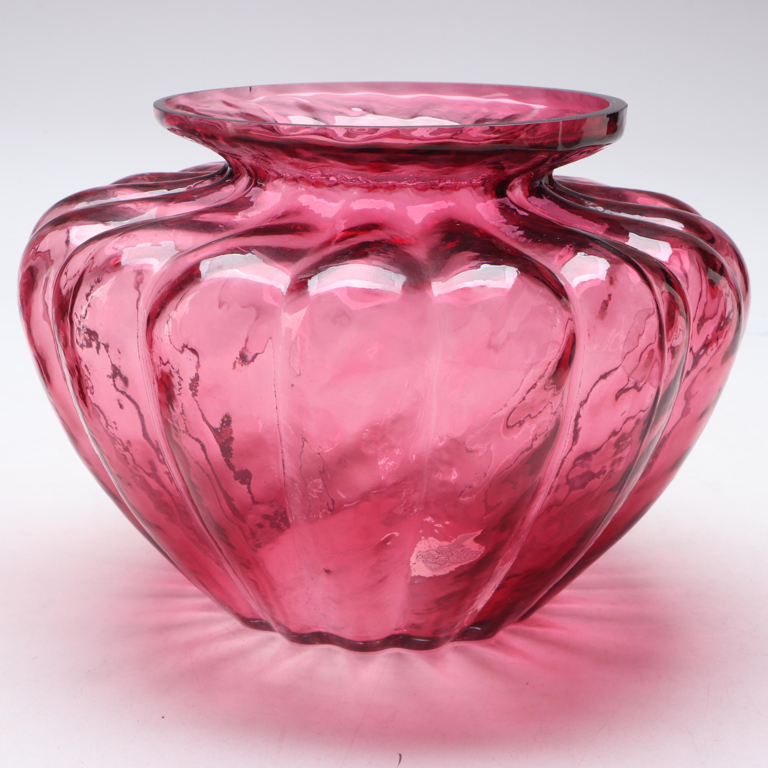 Pilgrim "Canterbury" and "Camille" Cranberry Glass Vases with Lidded Vessel