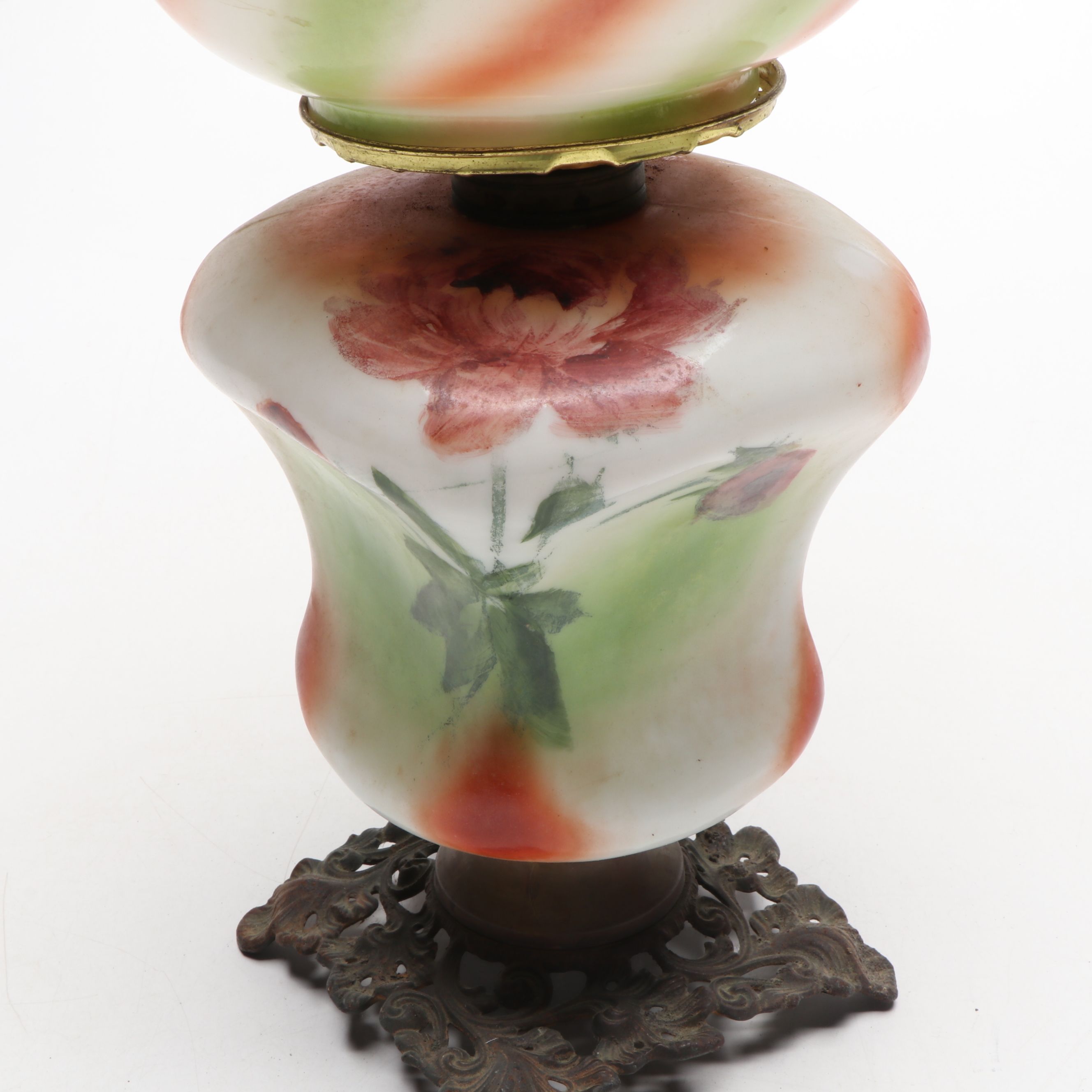 Hand-Painted Milk Glass Kerosene Parlor Lamp, Early 20th Century