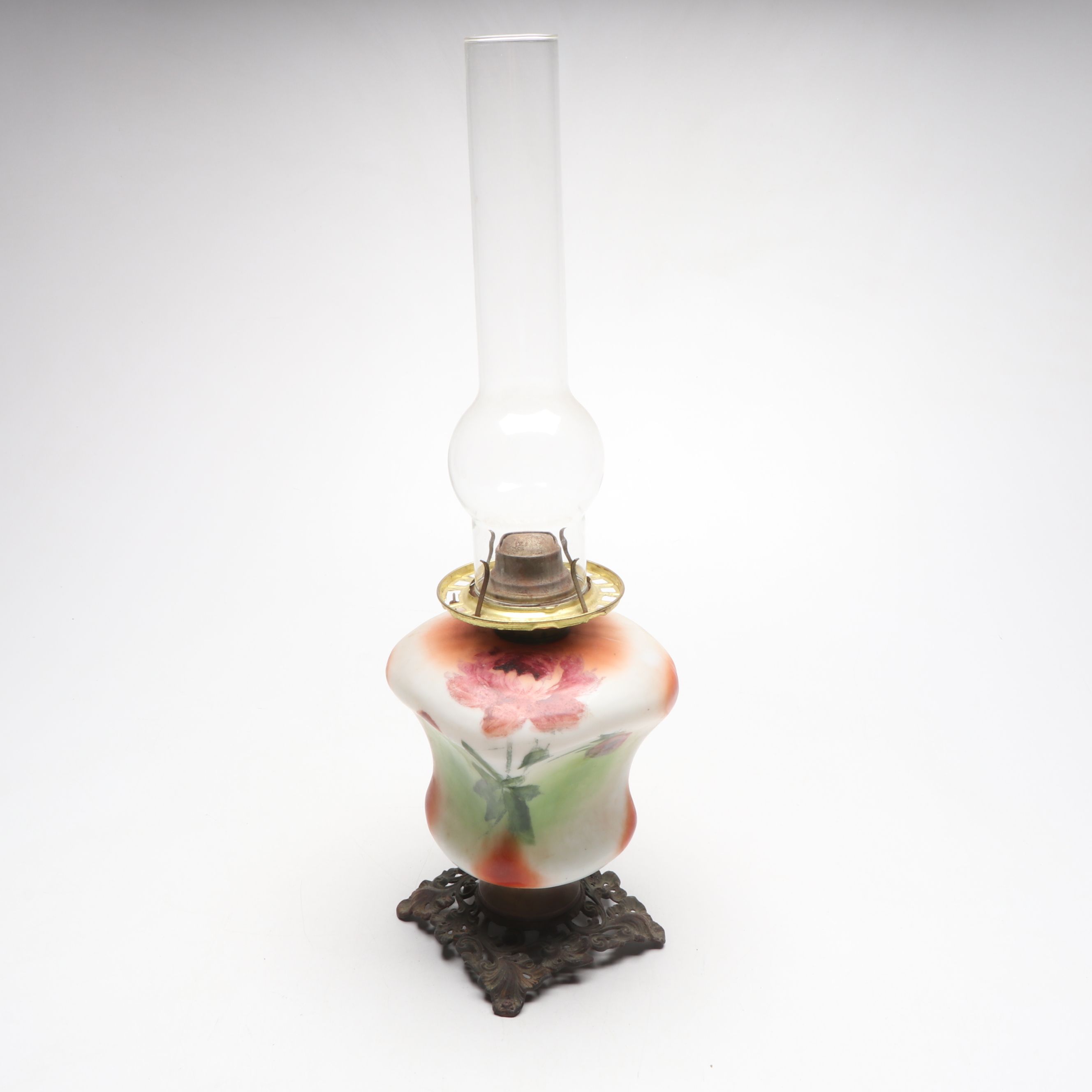 Hand-Painted Milk Glass Kerosene Parlor Lamp, Early 20th Century